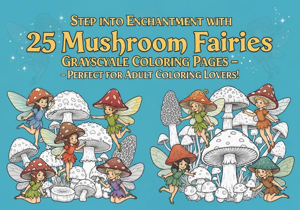 25 mushroom fairies grayscale coloring pages