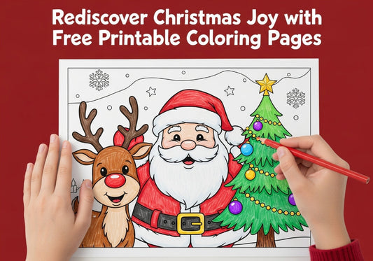 Christmas coloring page featuring Santa, reindeer, and a festive tree, being colored by hand, promoting mindful relaxation.