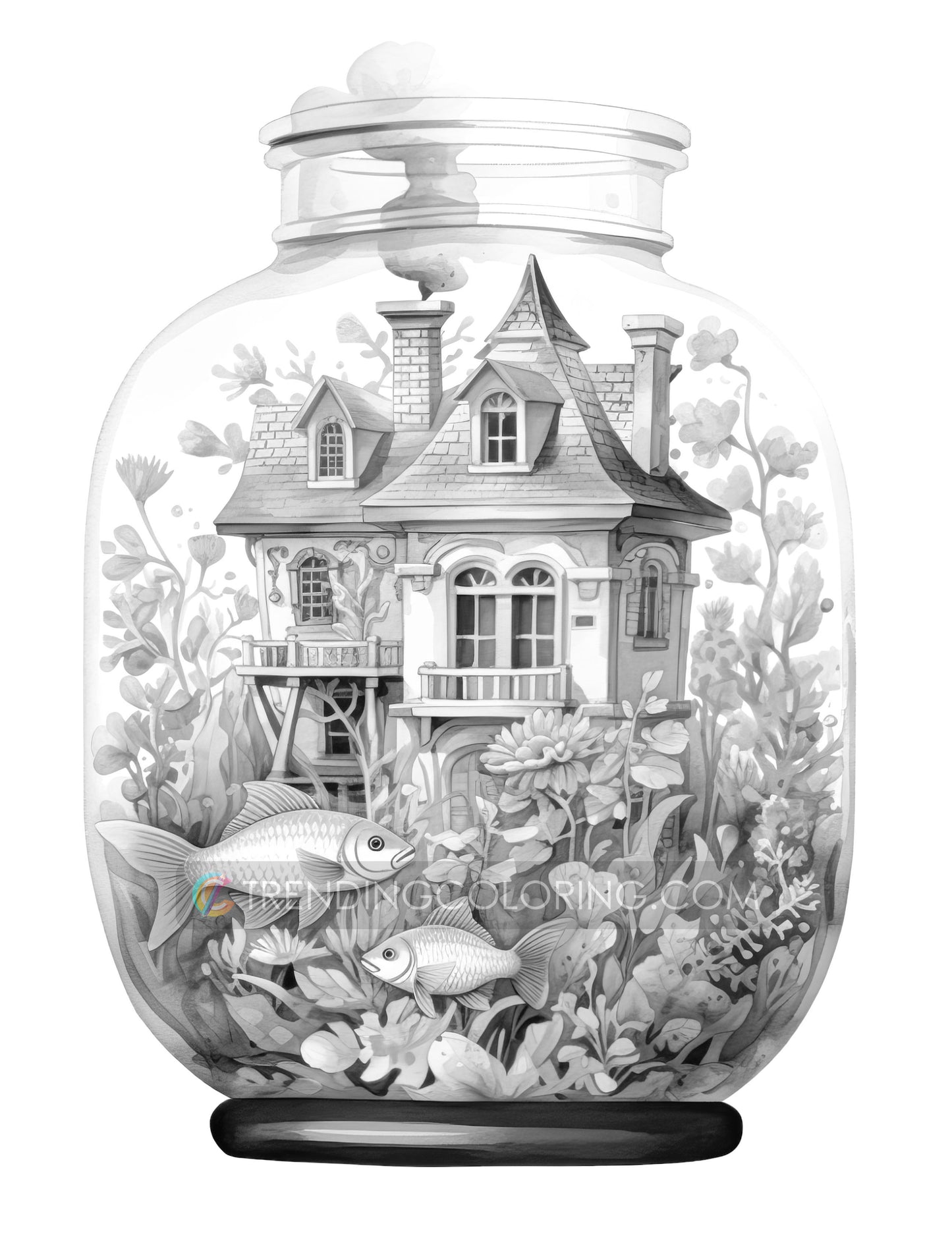 25 Fish House In Jar Grayscale Coloring Pages - Instant Download - Printable PDF Dark/Light