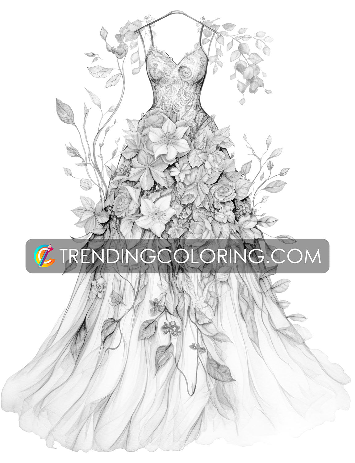 25 Floral Dress Grayscale Coloring Pages  - Instant Download - Printable PDF Dark/Light