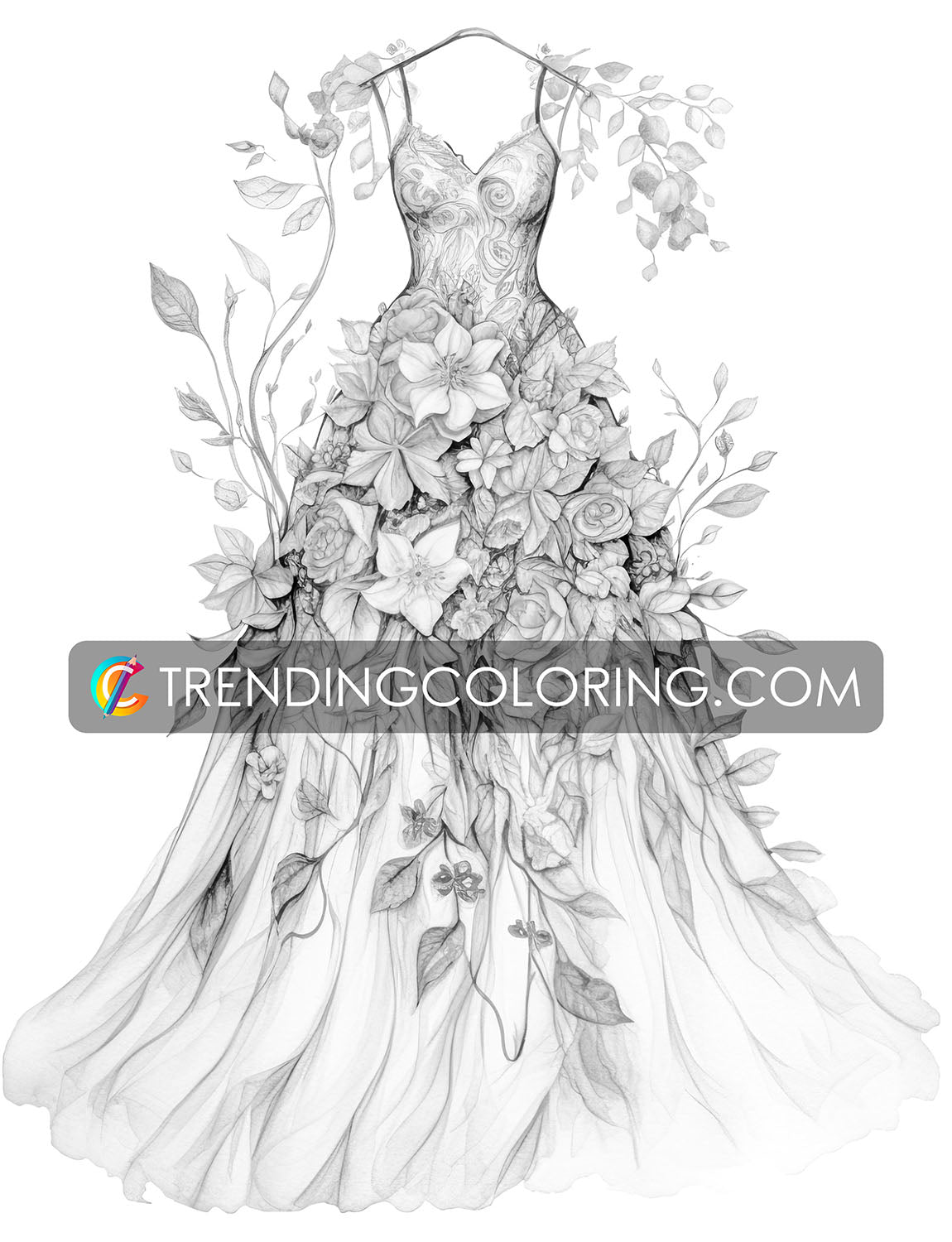 25 Floral Dress Grayscale Coloring Pages  - Instant Download - Printable Dark/Light