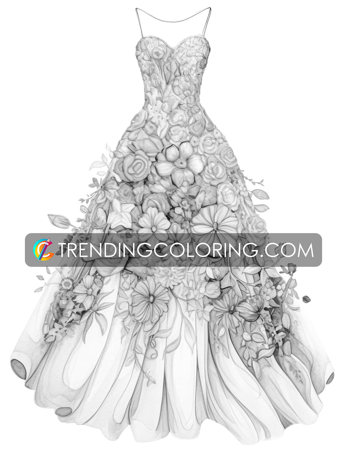 25 Floral Dress Grayscale Coloring Pages  - Instant Download - Printable Dark/Light