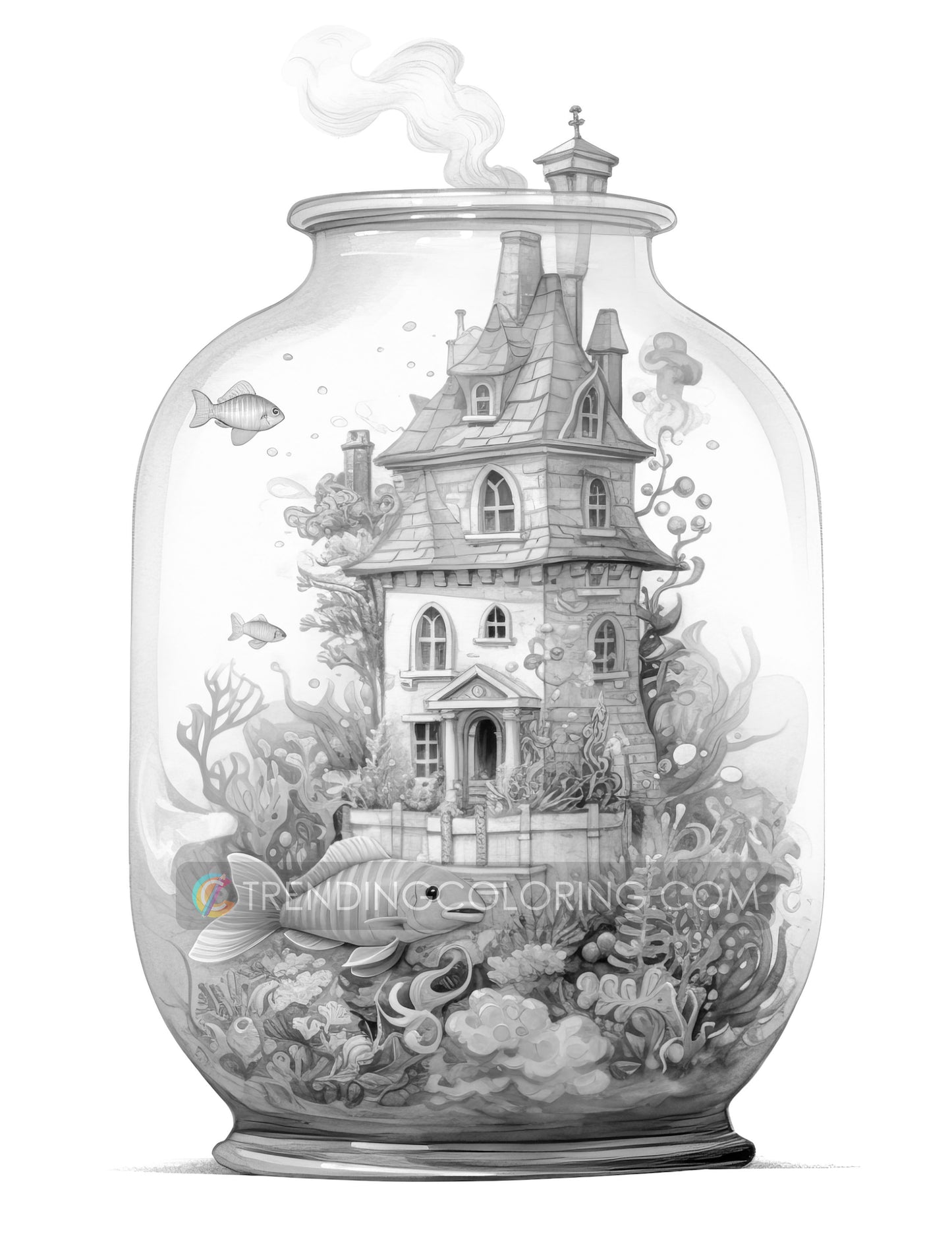 25 Fish House In Jar Grayscale Coloring Pages - Instant Download - Printable PDF Dark/Light