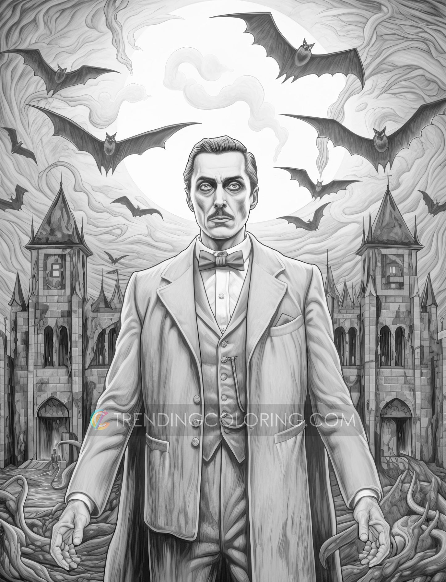 25 Count Dracula Grayscale Coloring Pages - Halloween Coloring - Instant Download - Printable PDF Dark/Light