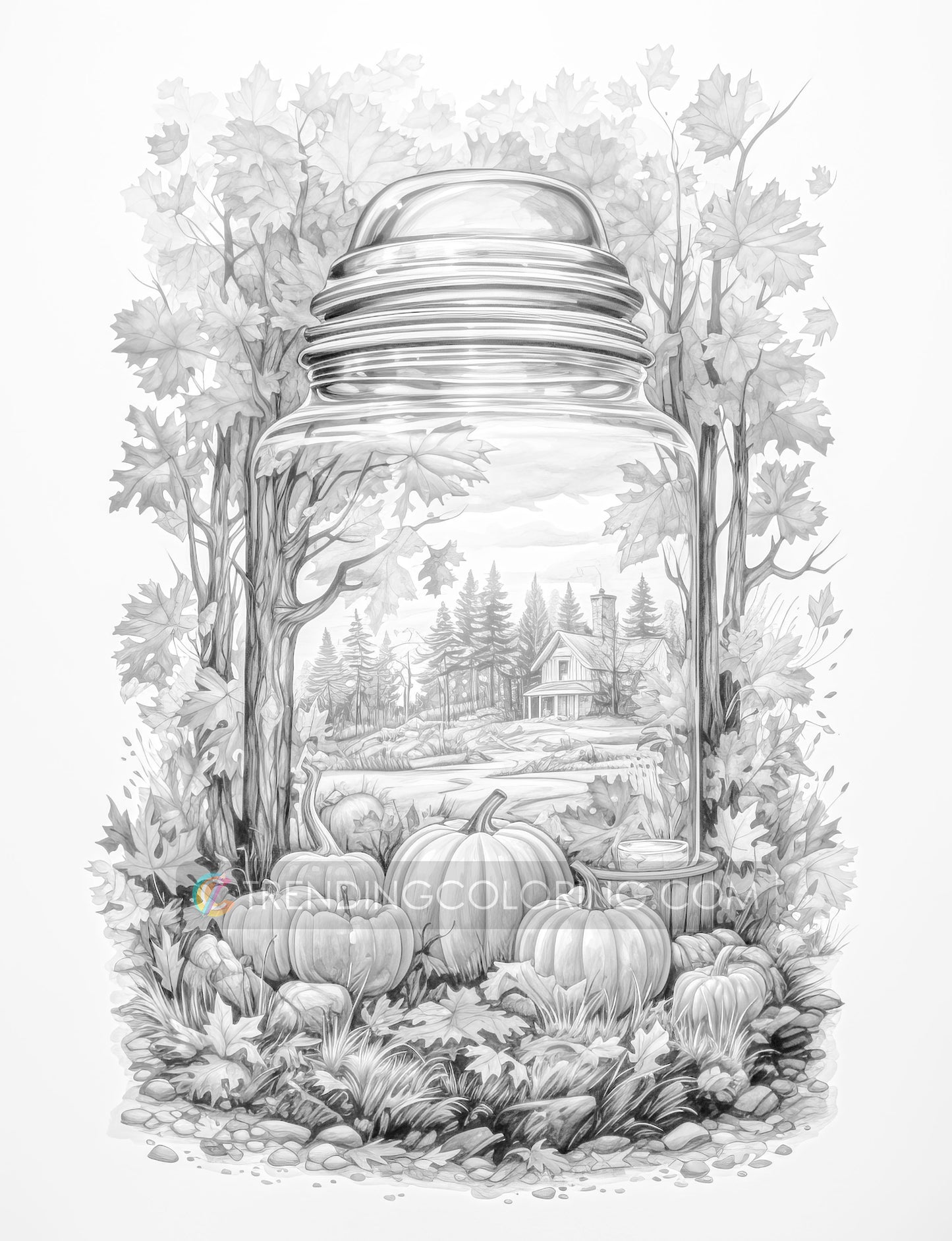 25 Autumn In Jar Grayscale Coloring Pages - Instant Download - Printable PDF Dark/Light