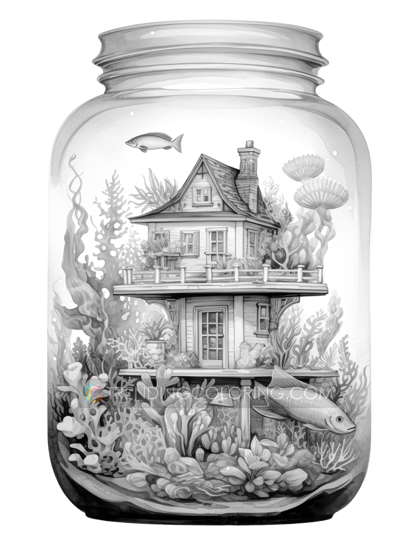 25 Fish House In Jar Grayscale Coloring Pages - Instant Download - Printable PDF Dark/Light