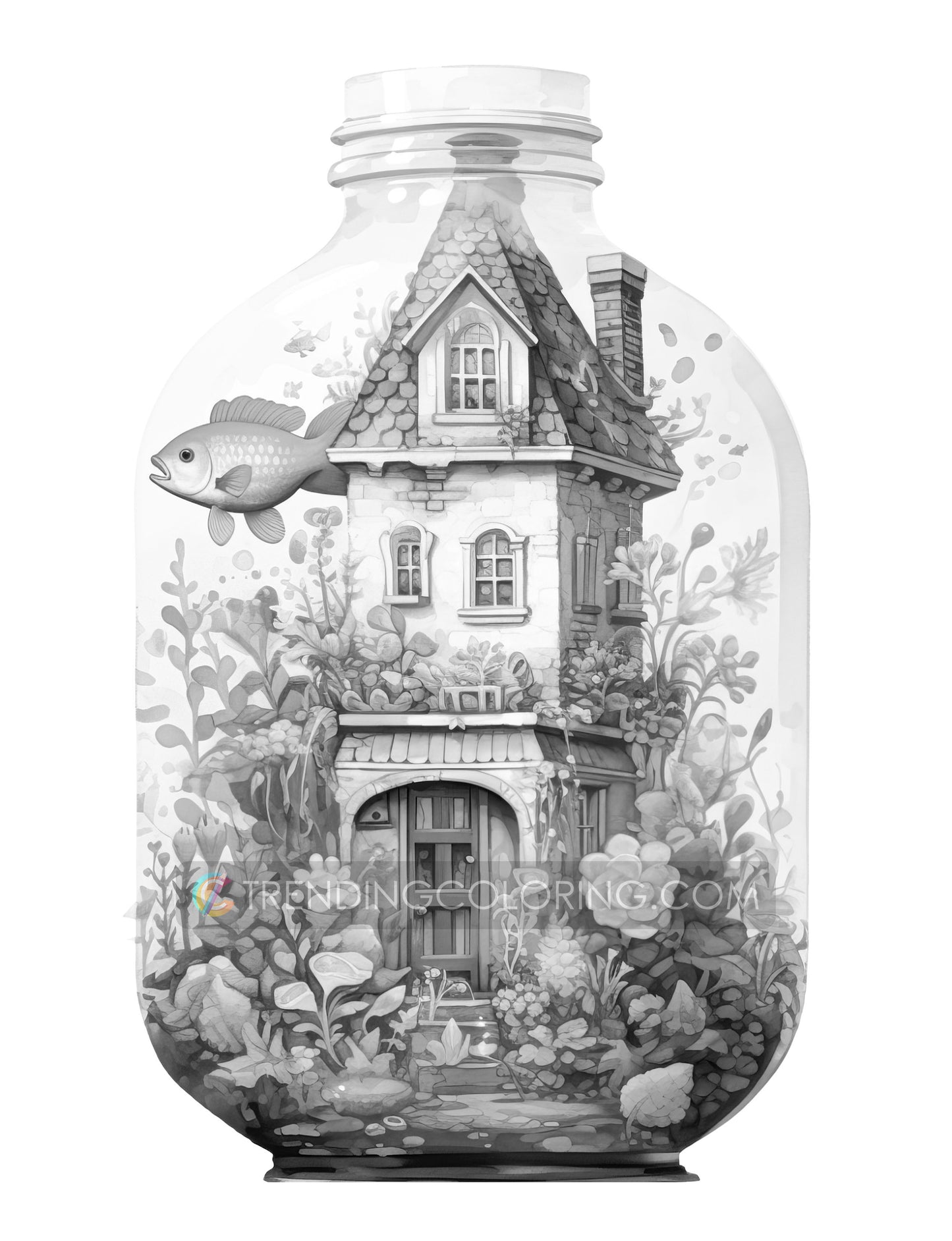 25 Fish House In Jar Grayscale Coloring Pages - Instant Download - Printable PDF Dark/Light