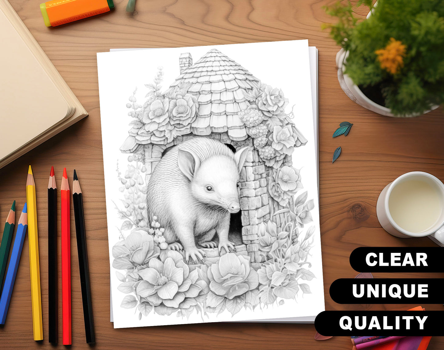 101 Baby Animal Home Grayscale Coloring Pages - Instant Download - Printable Dark/Light