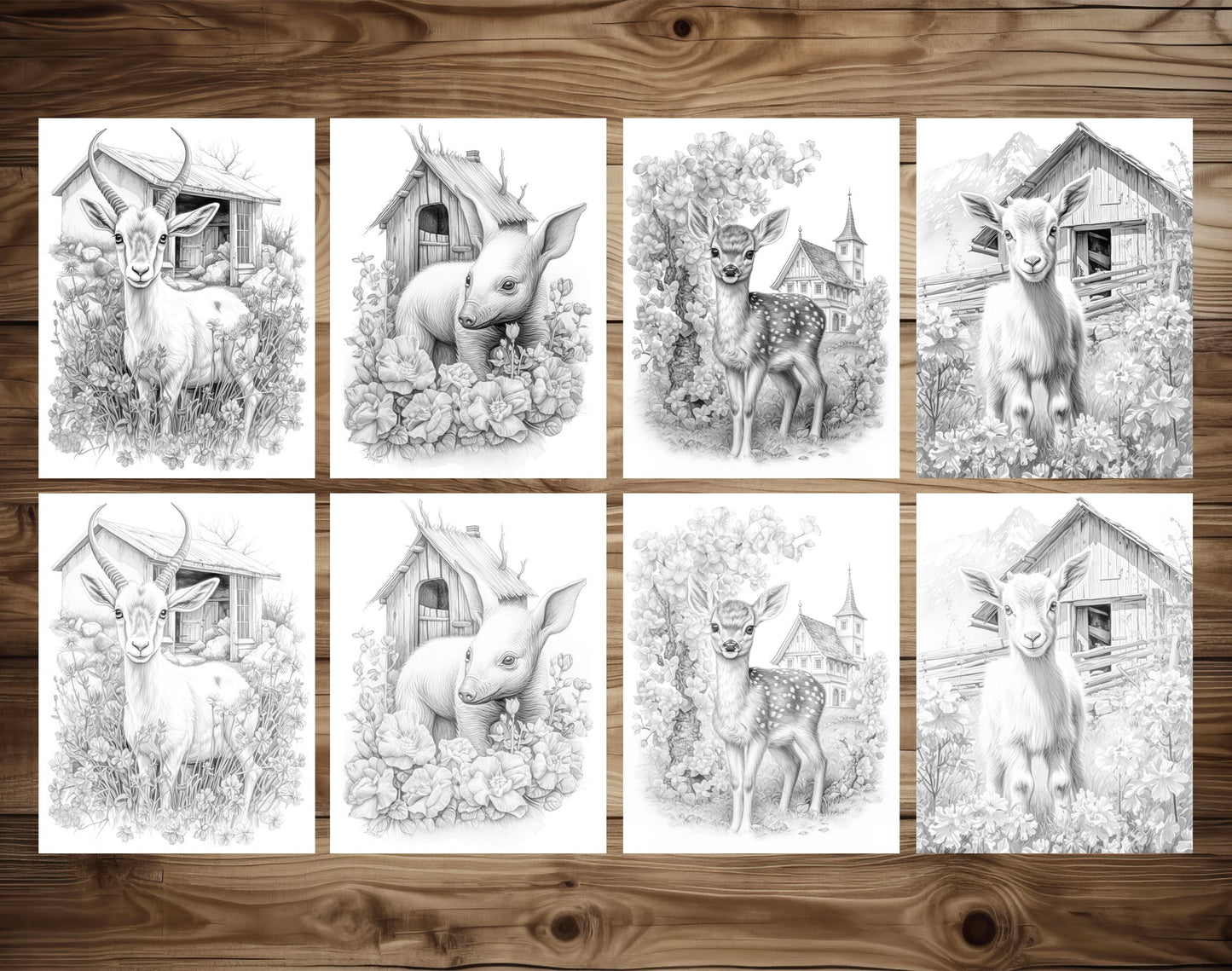 101 Baby Animal Home Grayscale Coloring Pages - Instant Download - Printable Dark/Light