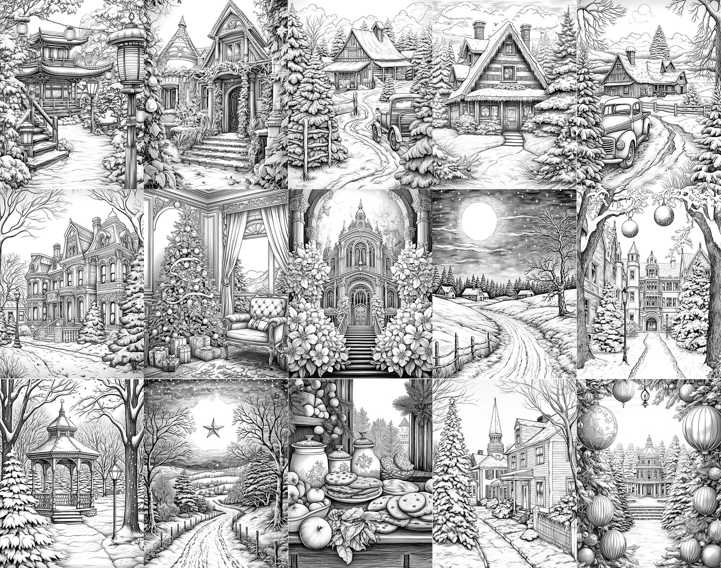 101 Calming Christmas Grayscale Coloring Pages - Instant Download - Printable