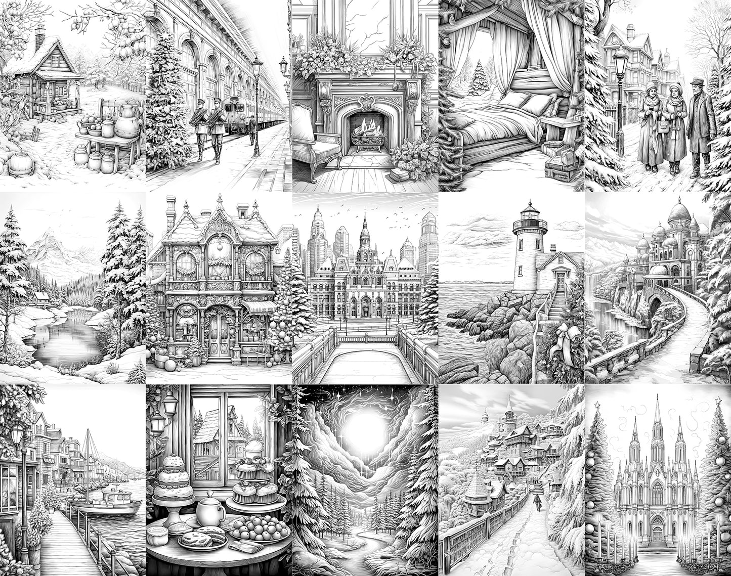 101 Calming Christmas Grayscale Coloring Pages - Instant Download - Printable