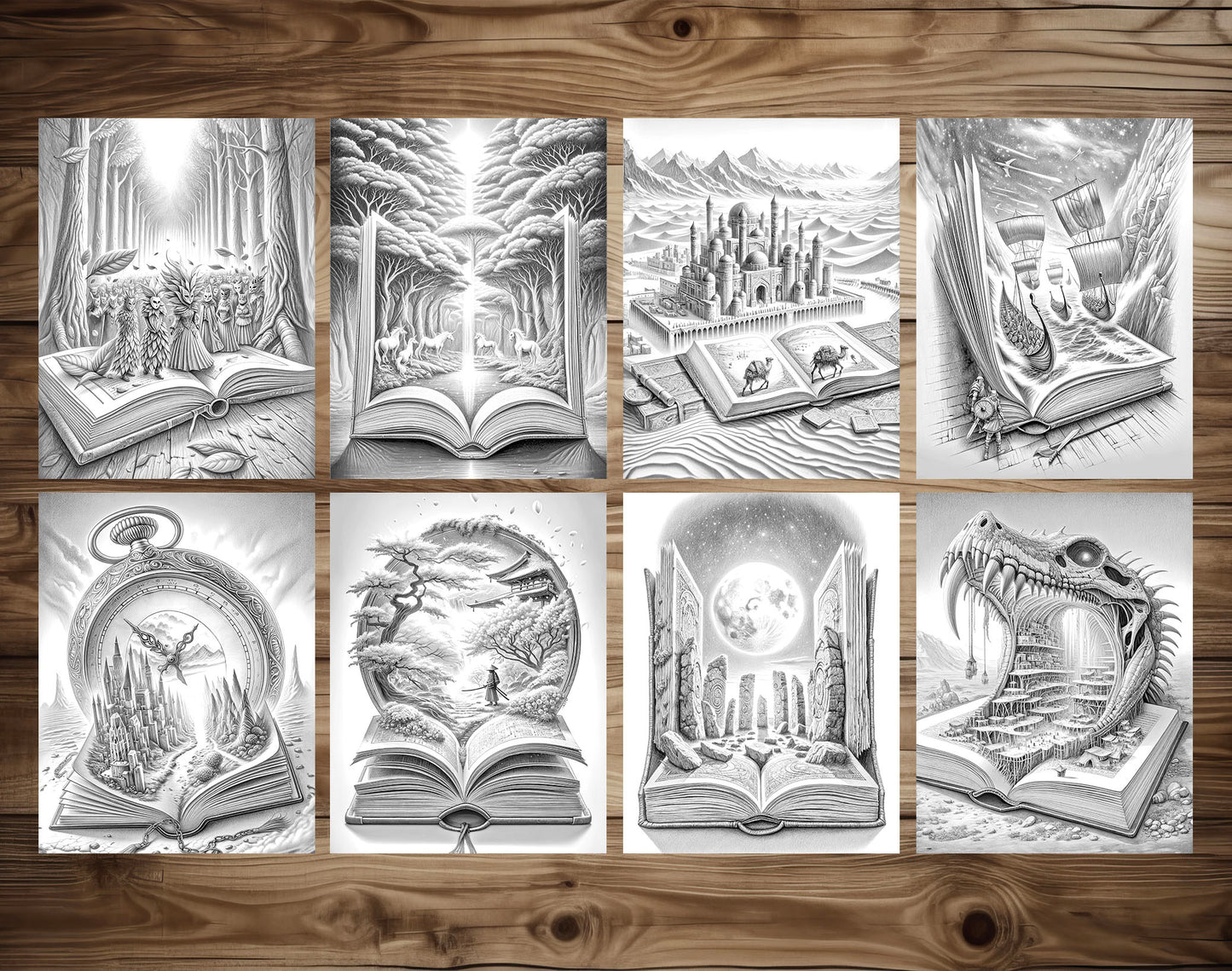 101 Open Magic Book 3 Grayscale Coloring Pages - Instant Download - Printable Dark/Light – preview 6