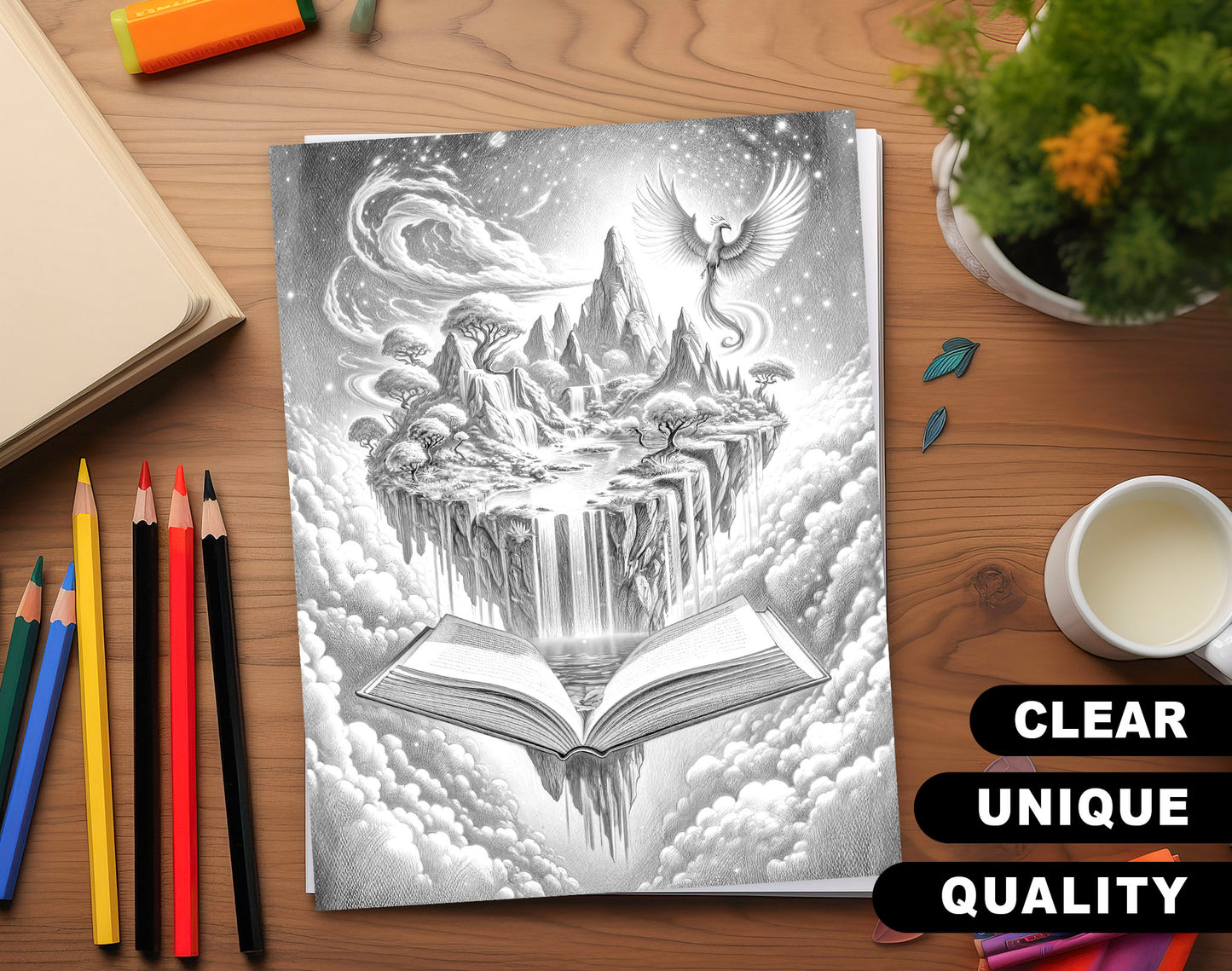 101 Open Magic Book 3 Grayscale Coloring Pages - Instant Download - Printable Dark/Light