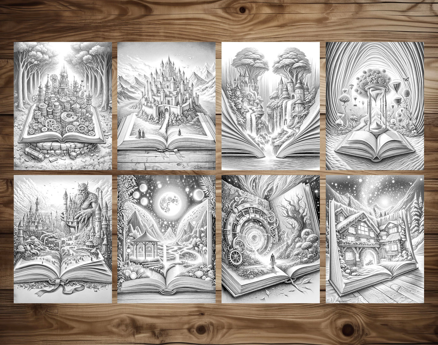 101 Open Magic Book 3 Grayscale Coloring Pages - Instant Download - Printable Dark/Light