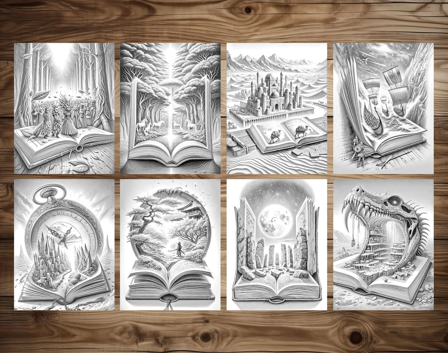 101 Open Magic Book 3 Grayscale Coloring Pages - Instant Download - Printable Dark/Light