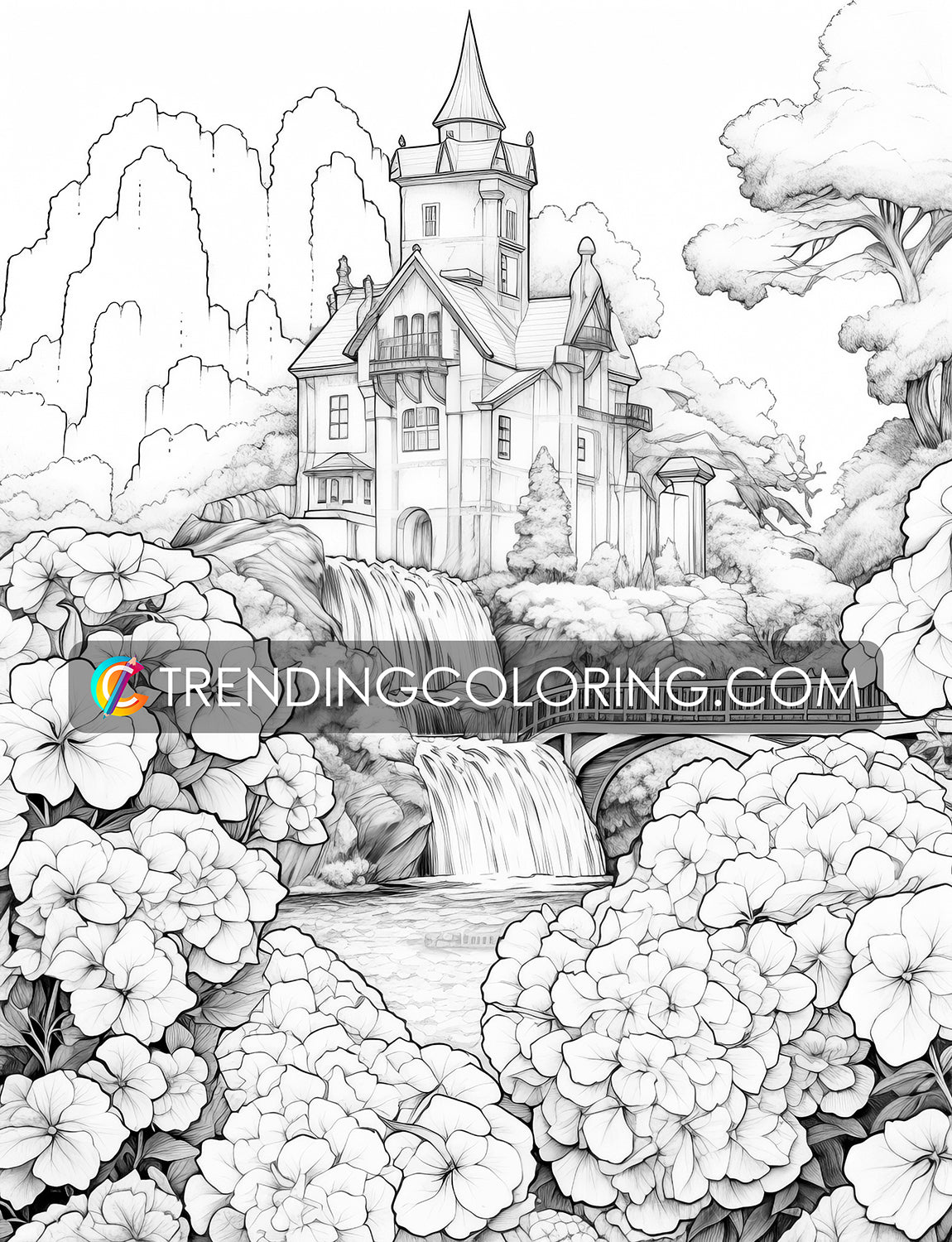 25 Blooming Castles Grayscale Coloring Pages - Instant Download - Printable PDF