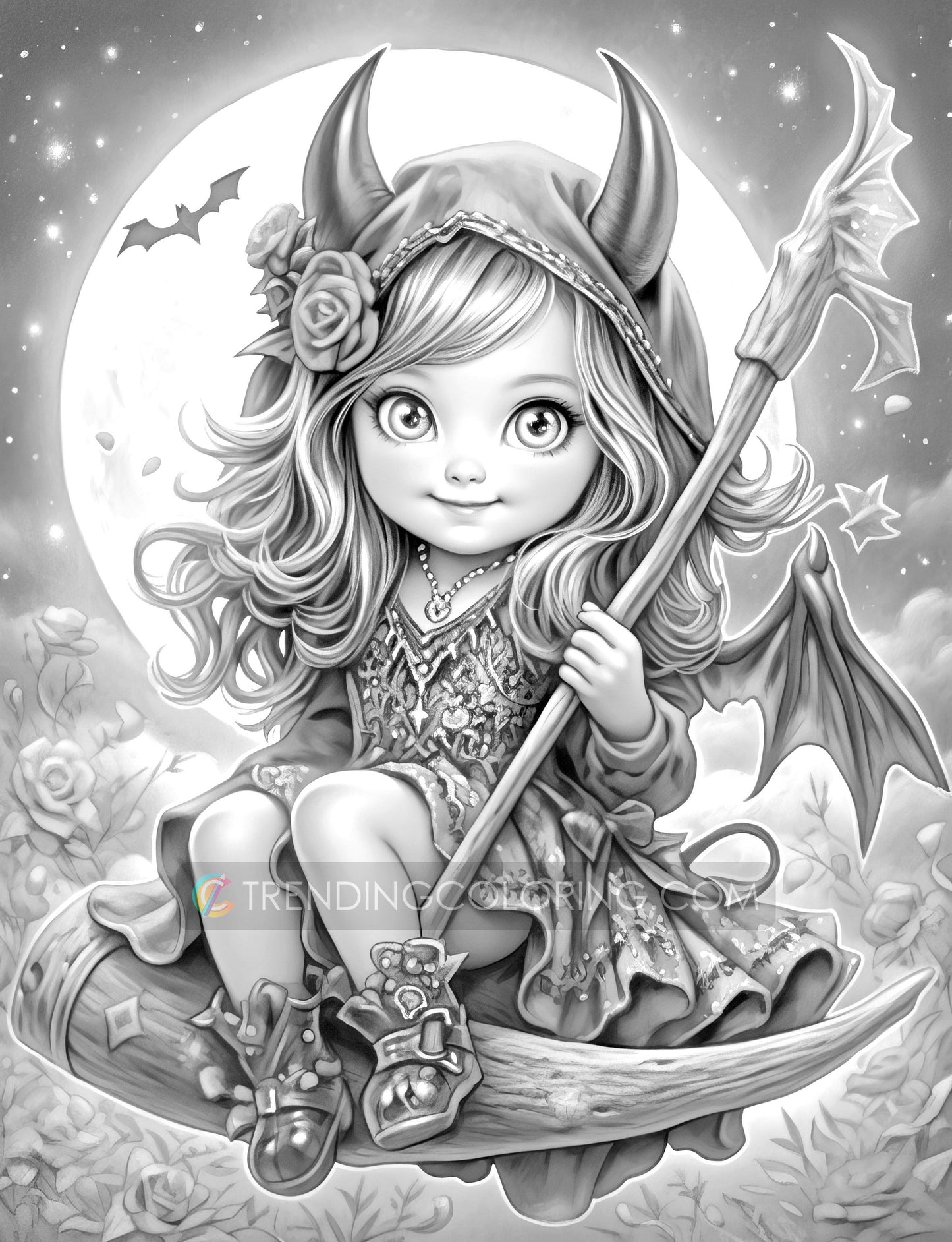 25 Little Devil Girls Grayscale Coloring Pages - Halloween Coloring - Instant Download - Printable Dark/Light