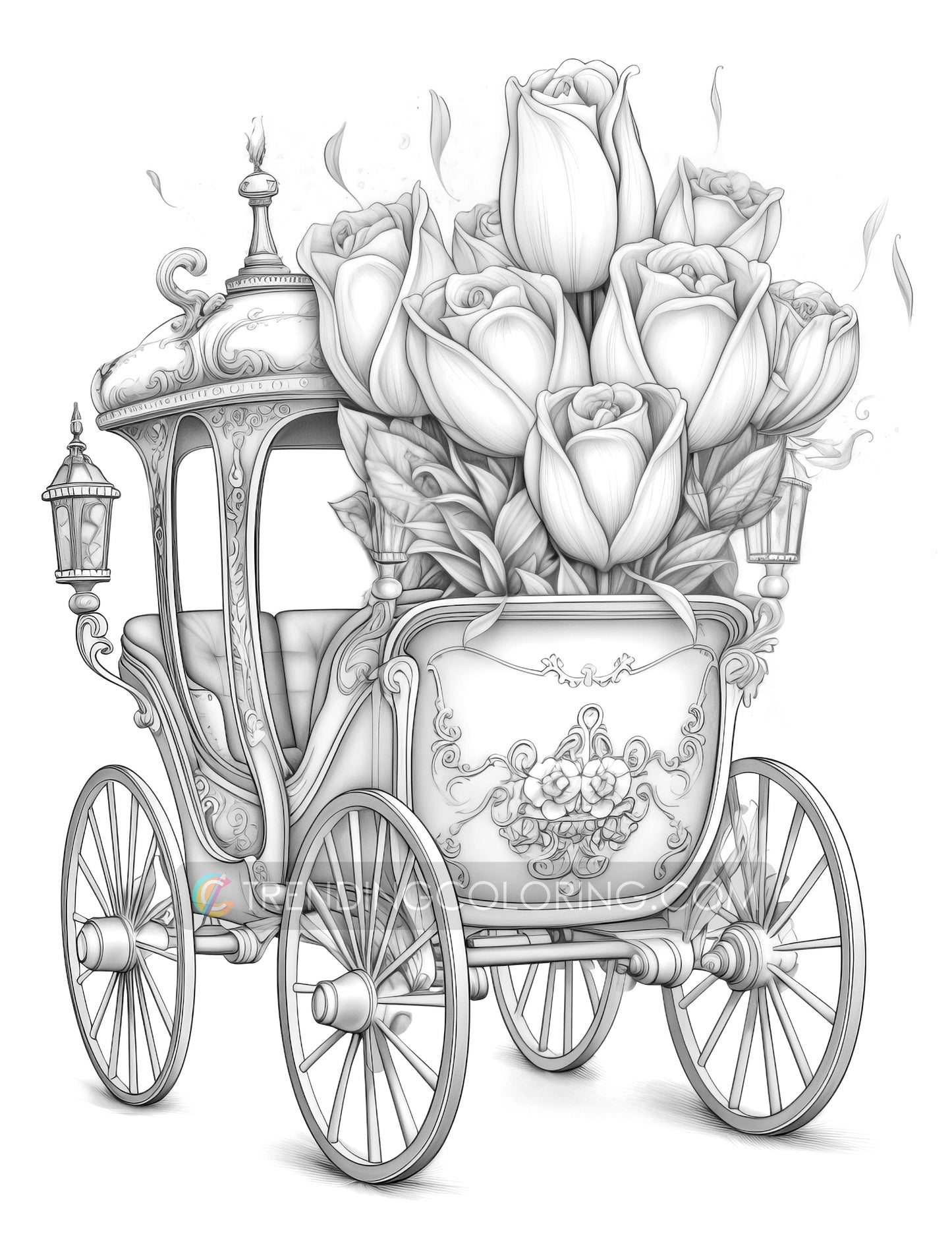 25 Floral Carriage Grayscale Coloring Pages - Instant Download, Dark/Light Illustration - Printable PDF