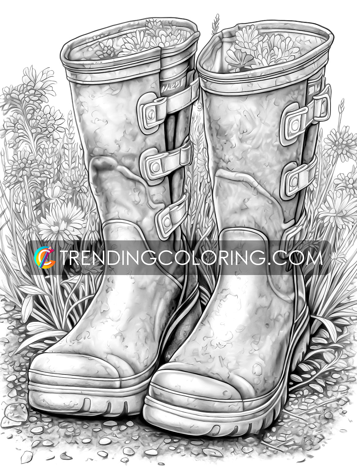 25 Blooming Boots Grayscale Coloring Pages - Instant Download - Printable PDF