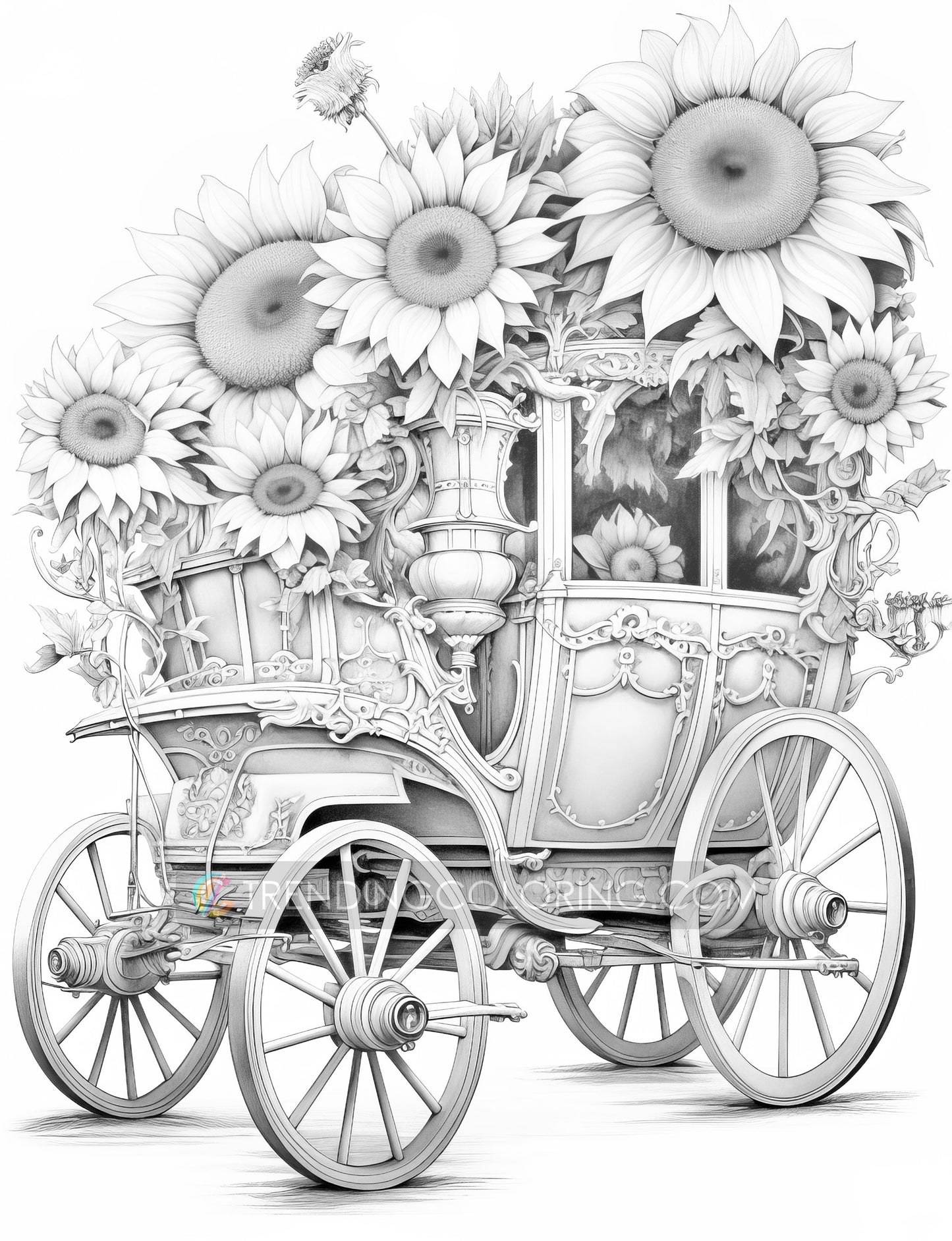 25 Floral Carriage Grayscale Coloring Pages - Instant Download, Dark/Light Illustration - Printable PDF