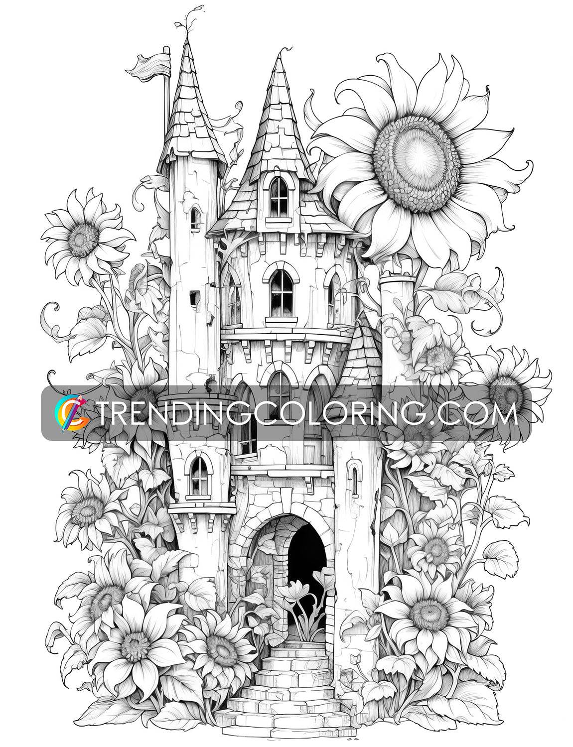 25 Blooming Castles Grayscale Coloring Pages - Instant Download - Printable PDF