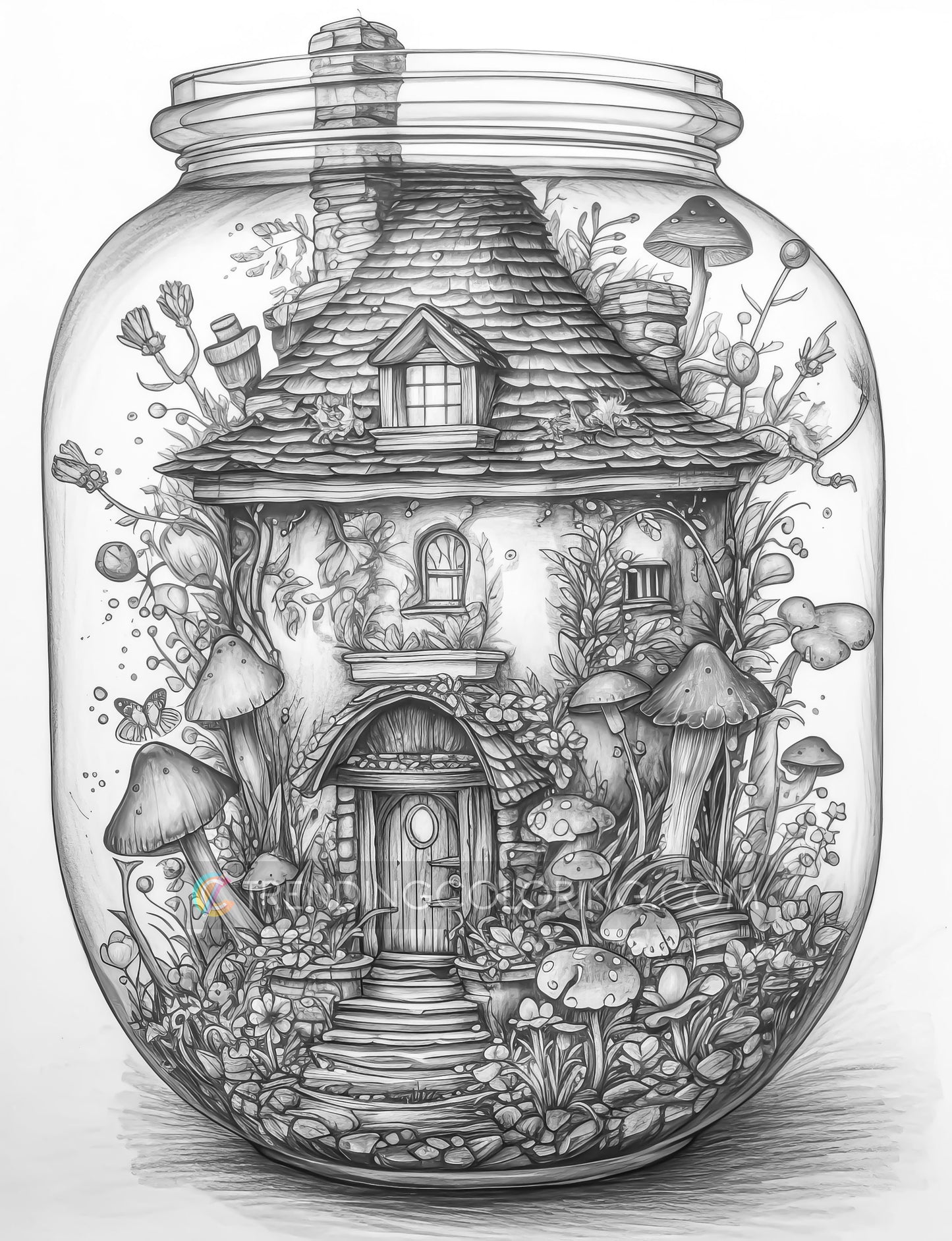 25 Fairy House In Jar Grayscale Coloring Pages - Instant Download - Printable PDF Dark/Light