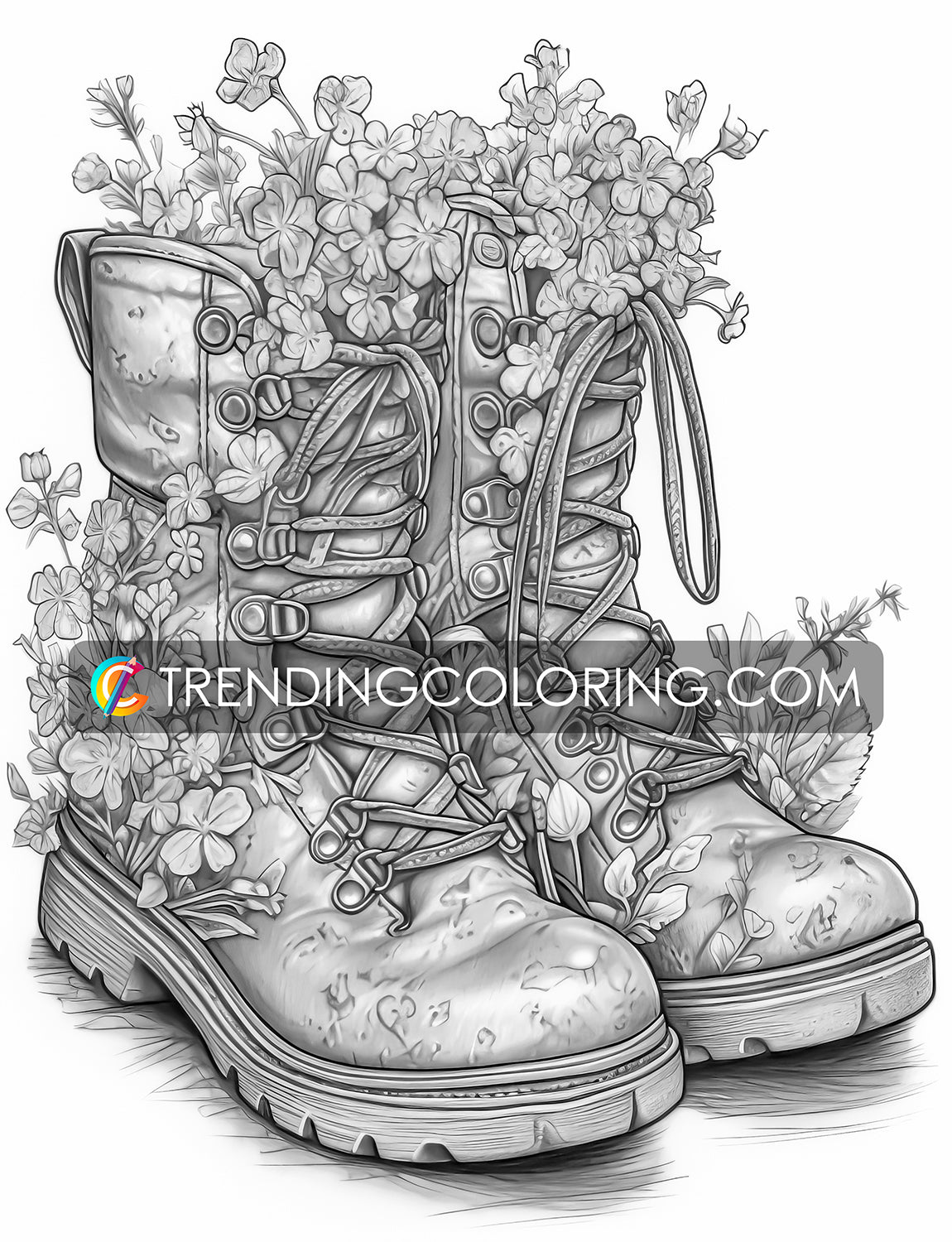 25 Blooming Boots Grayscale Coloring Pages - Instant Download - Printable PDF