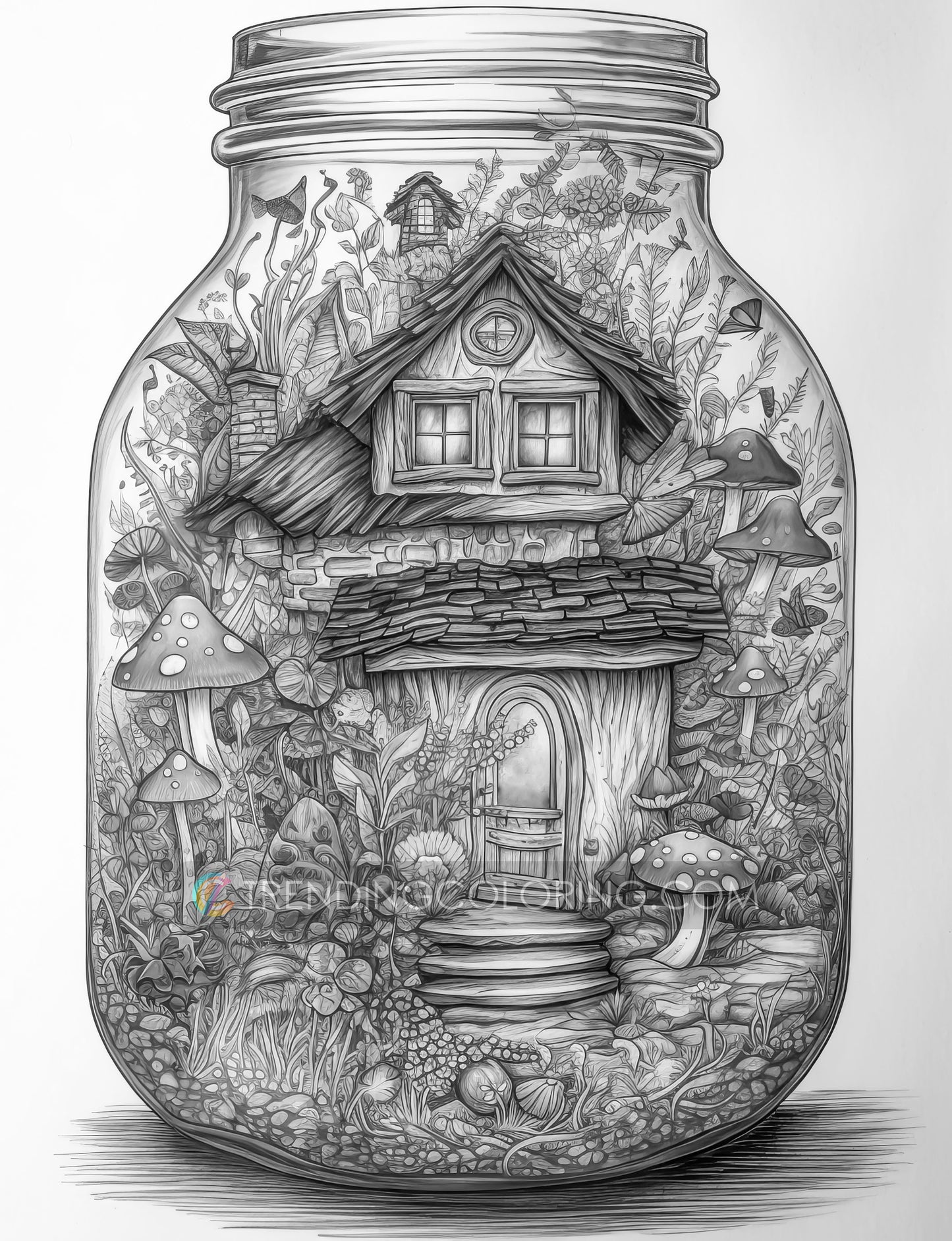 25 Fairy House In Jar Grayscale Coloring Pages - Instant Download - Printable PDF Dark/Light