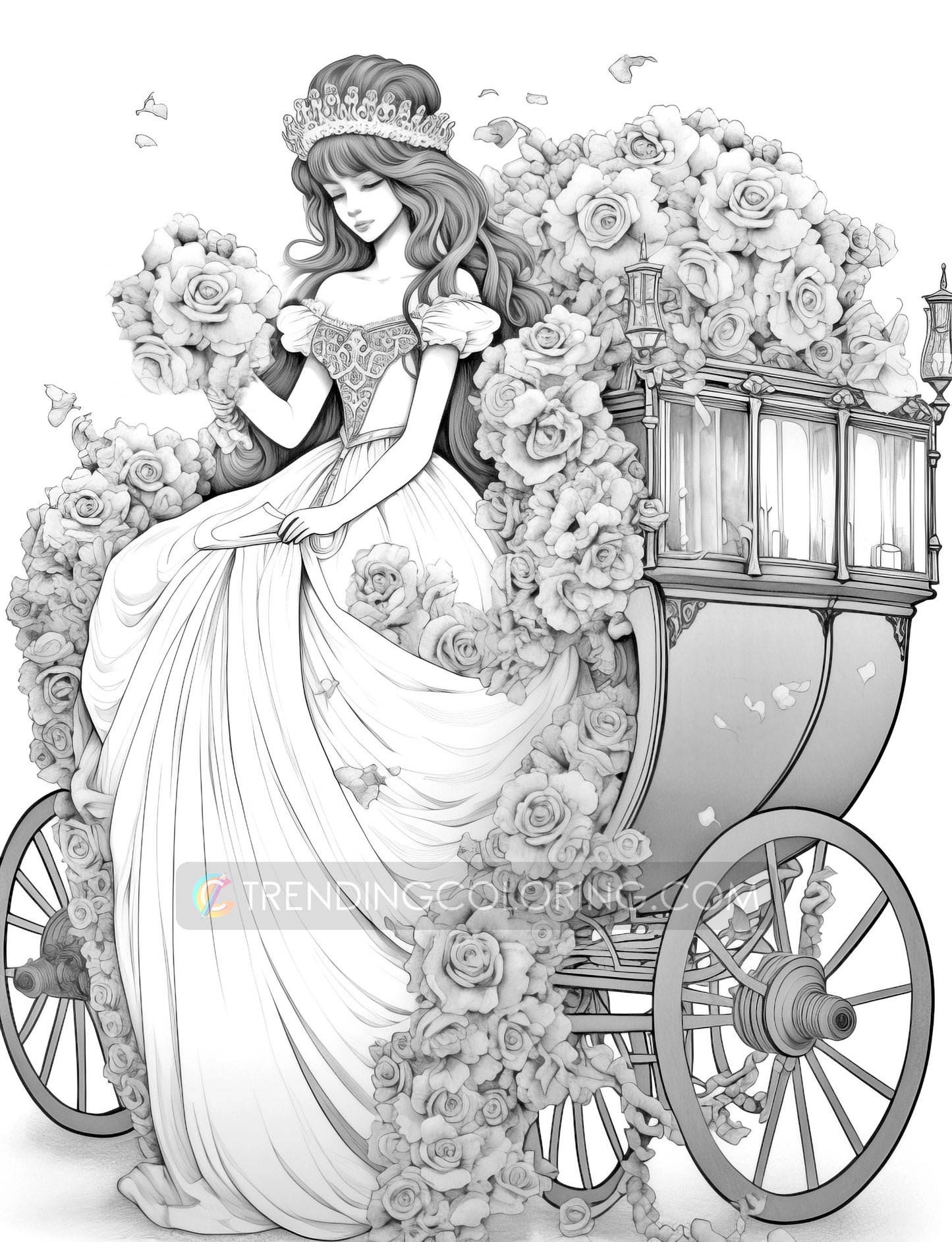 25 Floral Carriage Grayscale Coloring Pages - Instant Download, Dark/Light Illustration - Printable PDF