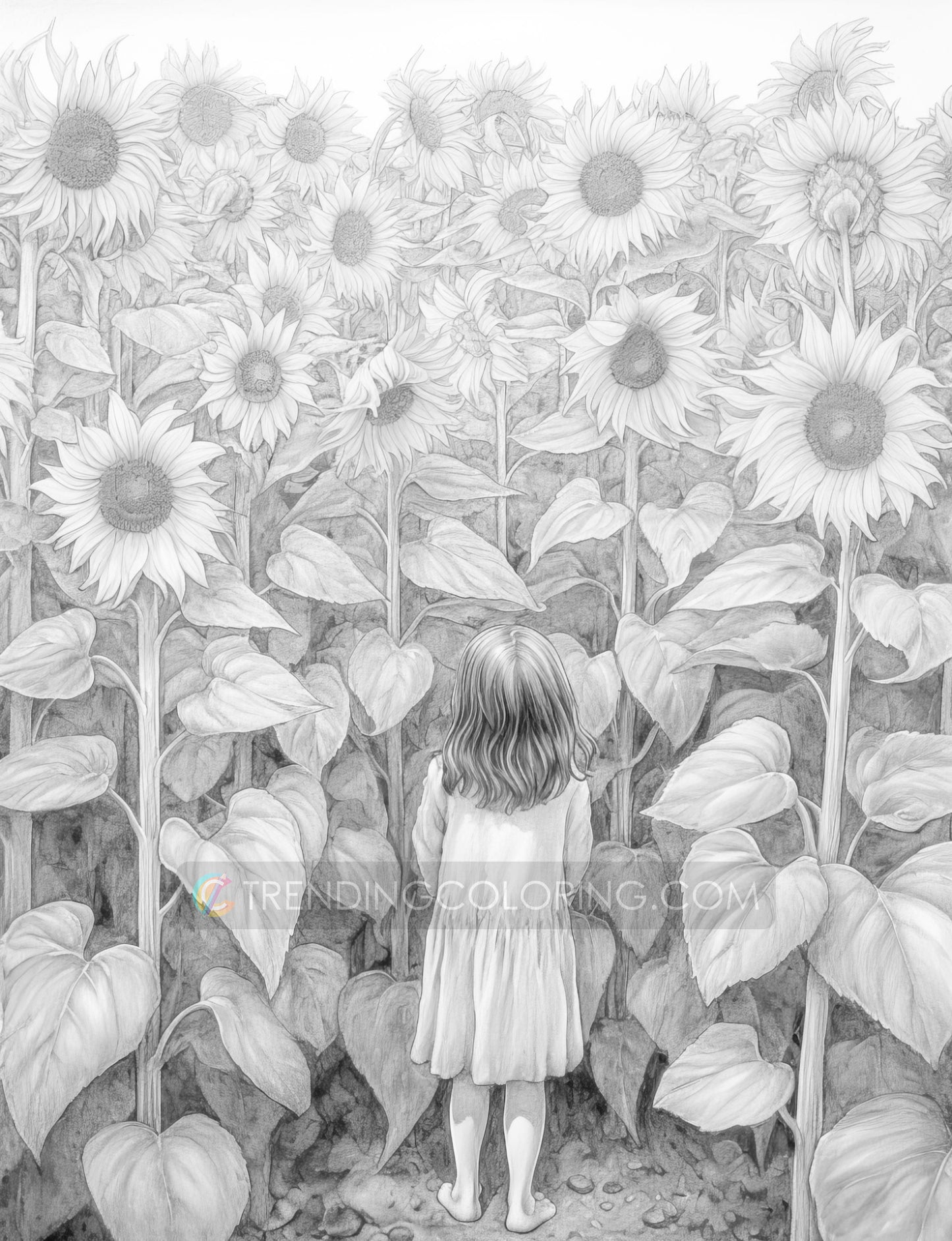 25 Little Girl In Garden Grayscale Coloring Pages - Instant Download - Printable PDF Dark/Light