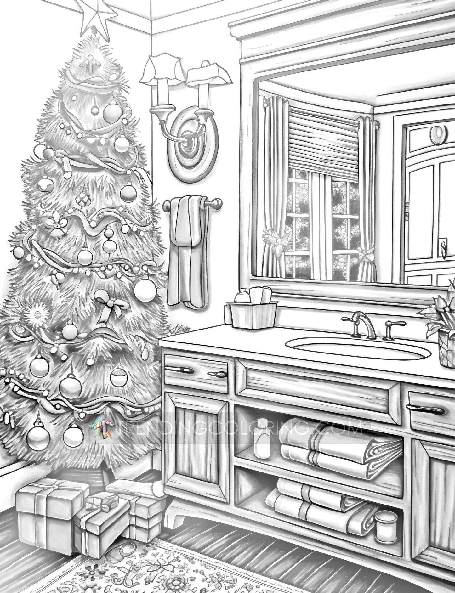 50 Christmas House Interior Grayscale Coloring Pages - Instant Download - Printable PDF Dark/Light