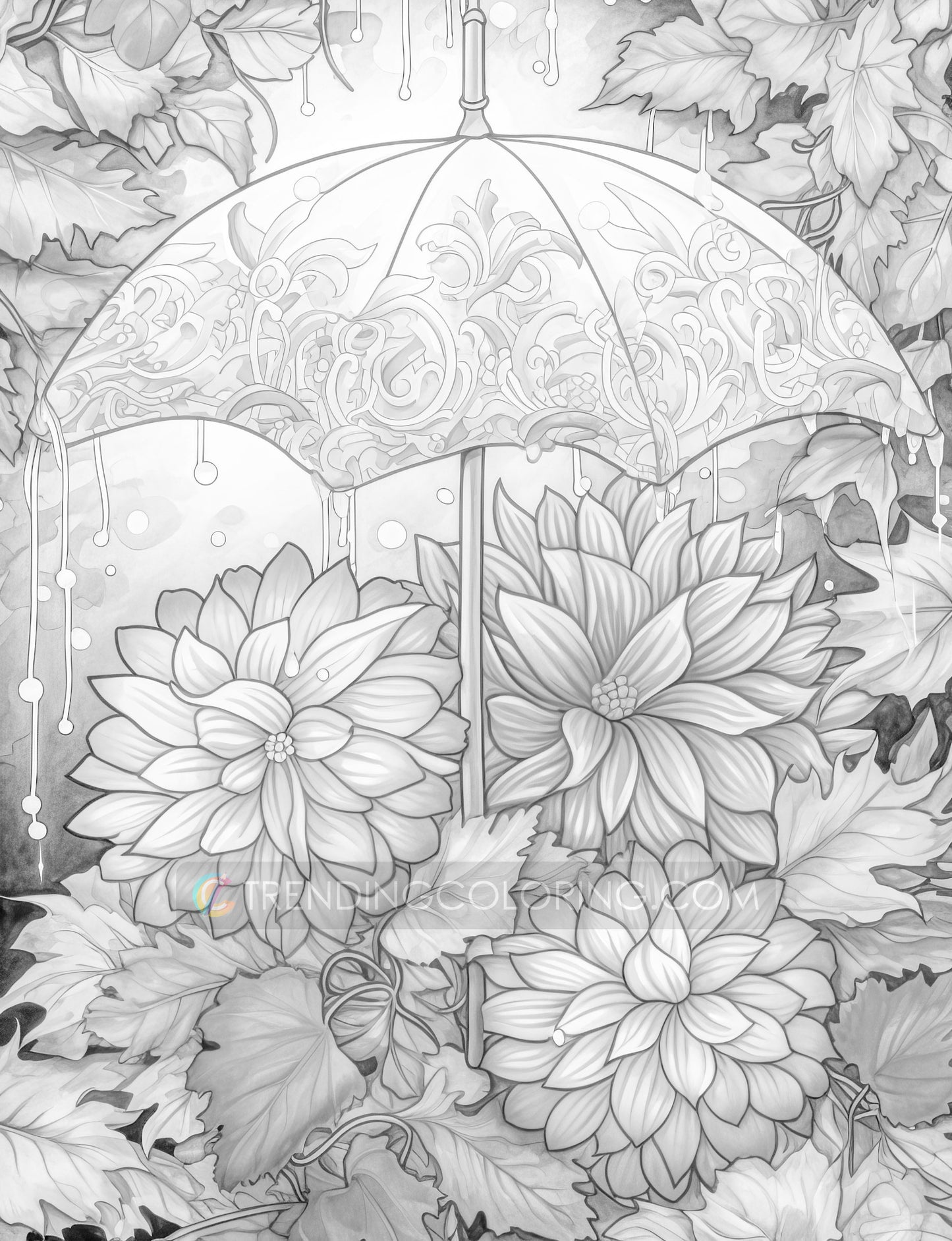 50 Autumn Umbrella Grayscale Coloring Pages - Instant Download - Printable PDF Dark/Light