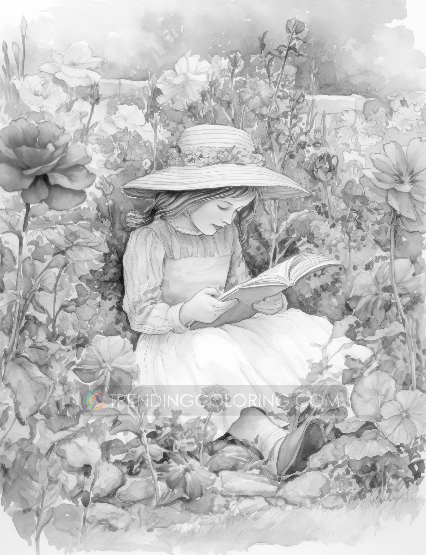 25 Little Girl In Garden Grayscale Coloring Pages - Instant Download - Printable PDF Dark/Light