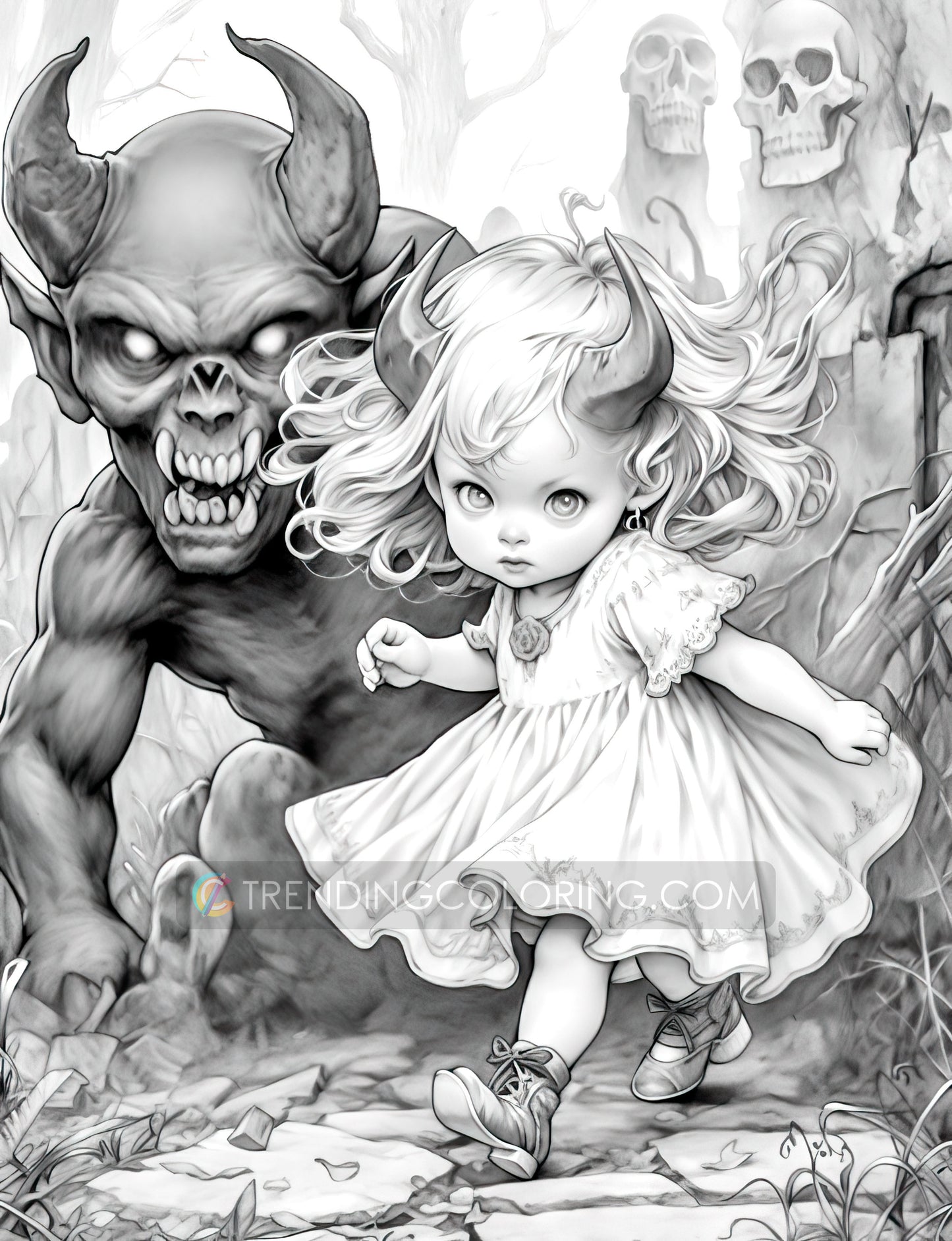 25 Little Devil Girls Grayscale Coloring Pages - Halloween Coloring - Instant Download - Printable Dark/Light