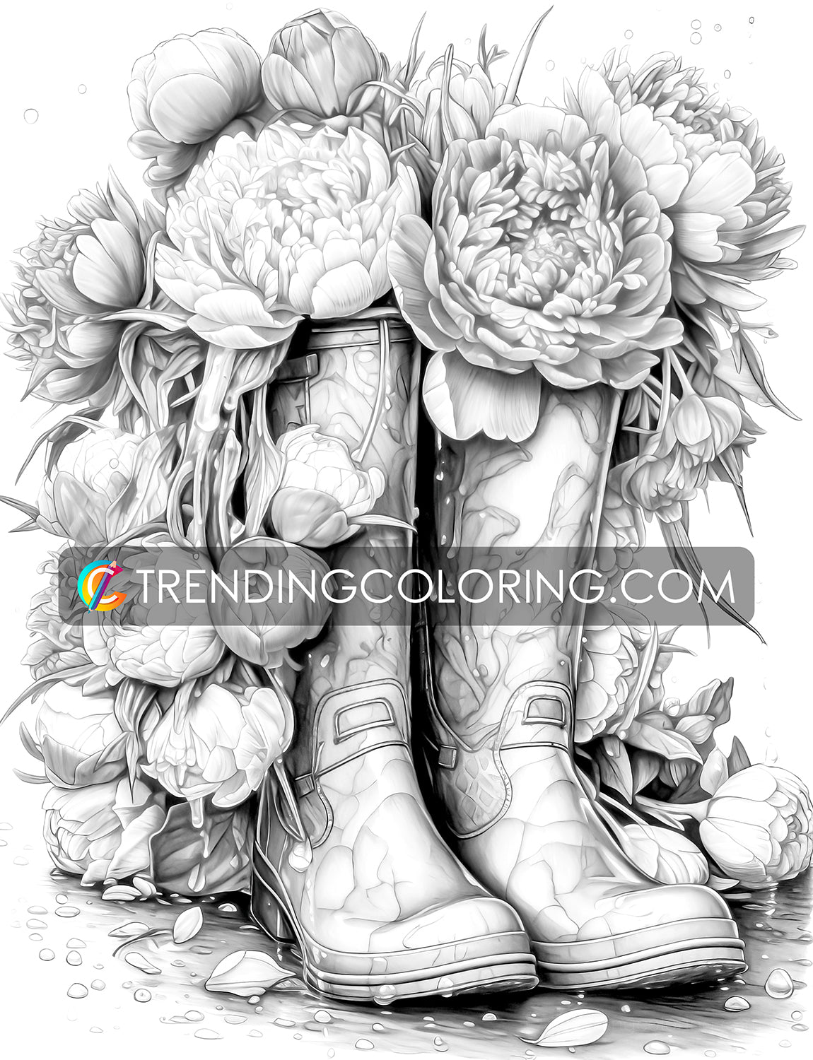 25 Blooming Boots Grayscale Coloring Pages - Instant Download - Printable PDF