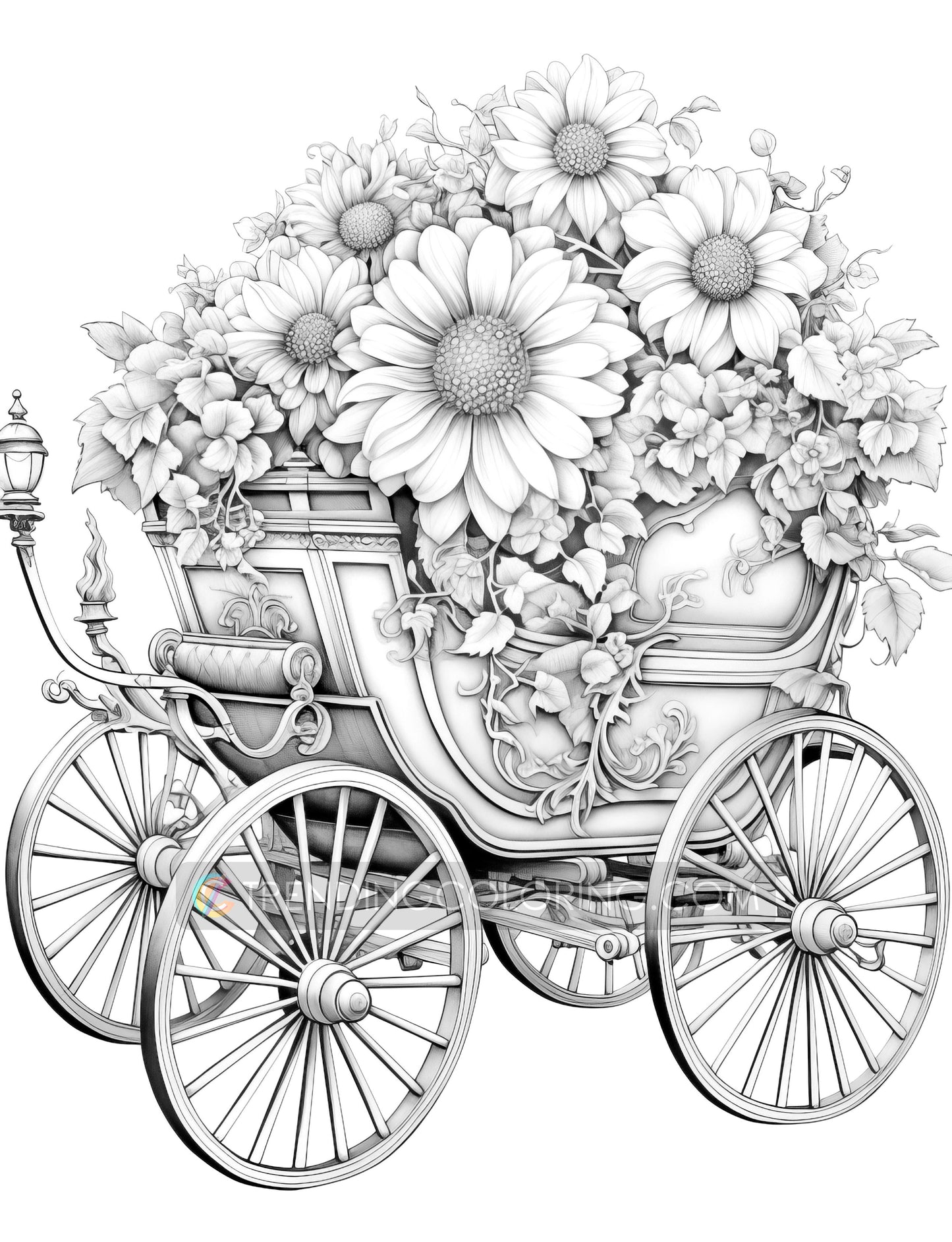 25 Floral Carriage Grayscale Coloring Pages - Instant Download, Dark/Light Illustration - Printable PDF