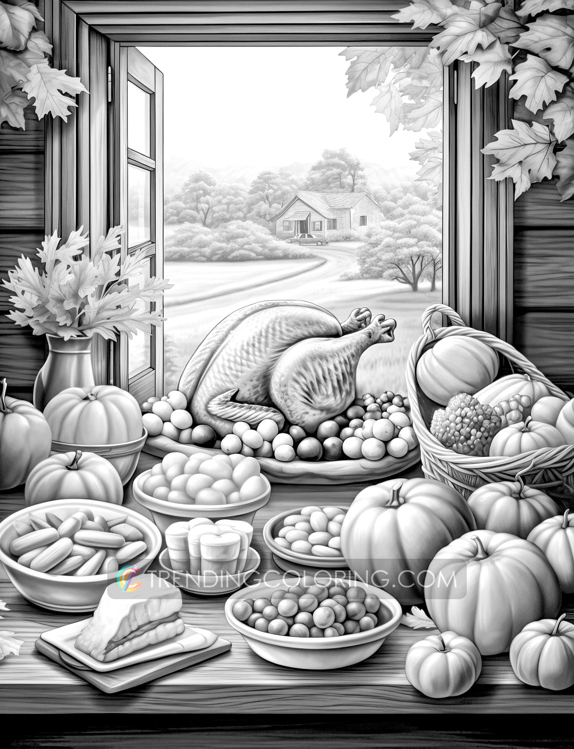 25 Fall & Thanksgiving Grayscale Coloring Pages - Instant Download - Printable Dark/Light