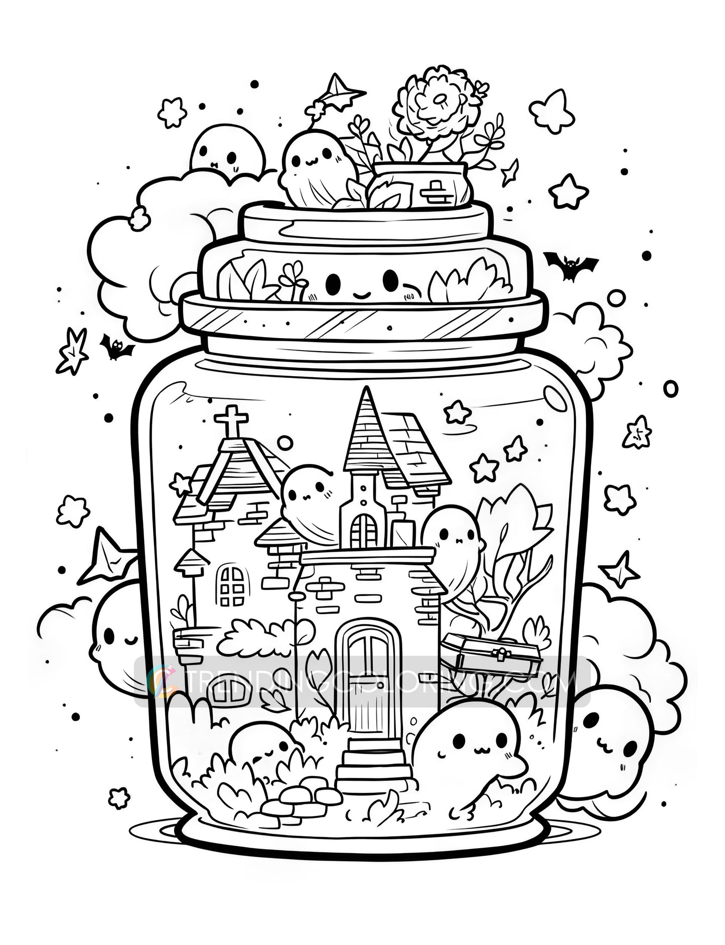 101 Kawaii Halloween in Jar Coloring Pages - Instant Download