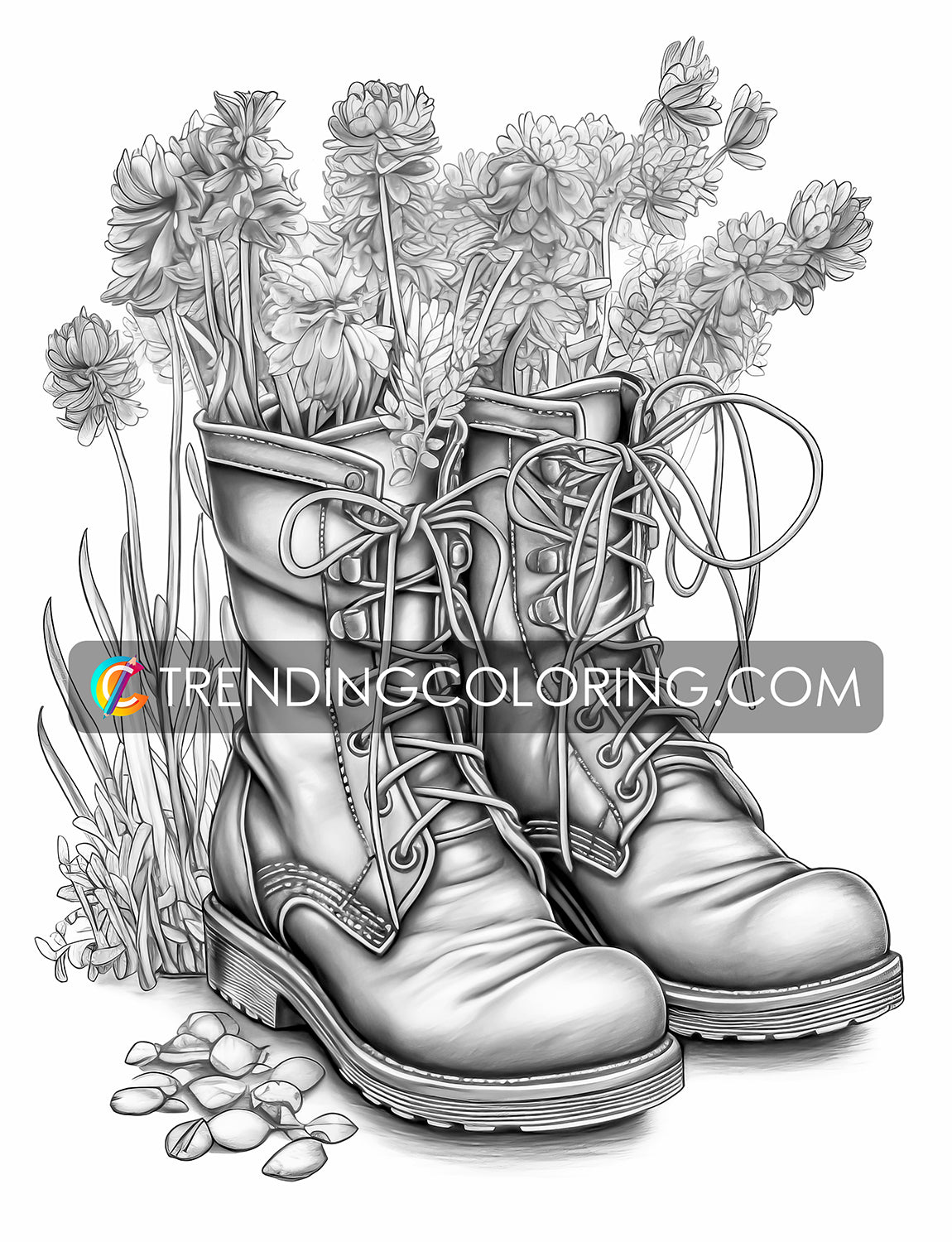 25 Blooming Boots Grayscale Coloring Pages - Instant Download - Printable PDF