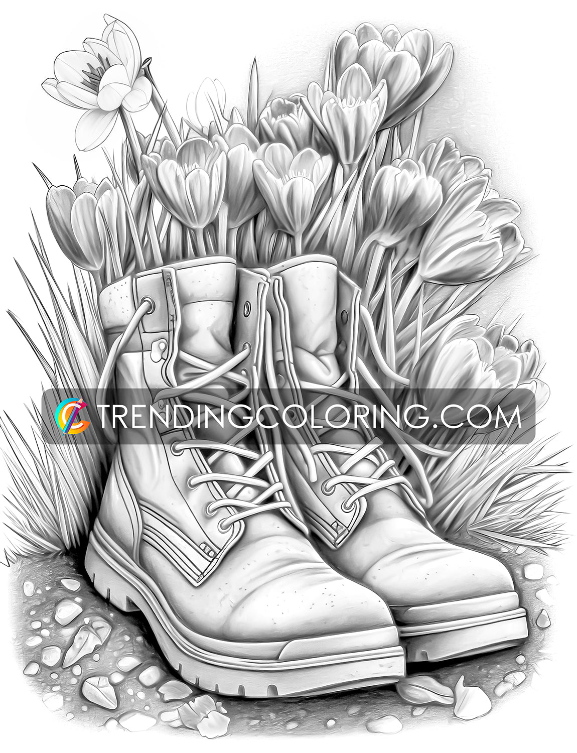25 Blooming Boots Grayscale Coloring Pages - Instant Download - Printable PDF