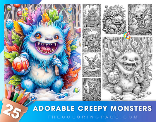 25 Adorable Creepy Monsters Grayscale Coloring Pages - Instant Download - Printable PDF