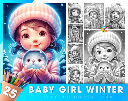25 Baby Girl Winter Grayscale Coloring Pages - Instant Download - Printable PDF