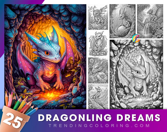 25 Dragonling Dreams Grayscale Coloring Pages - Instant Download - Printable Dark/Light