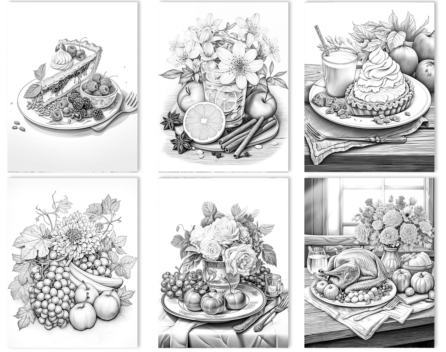 25 Fall & Thanksgiving Grayscale Coloring Pages - Instant Download - Printable PDF Dark/Light