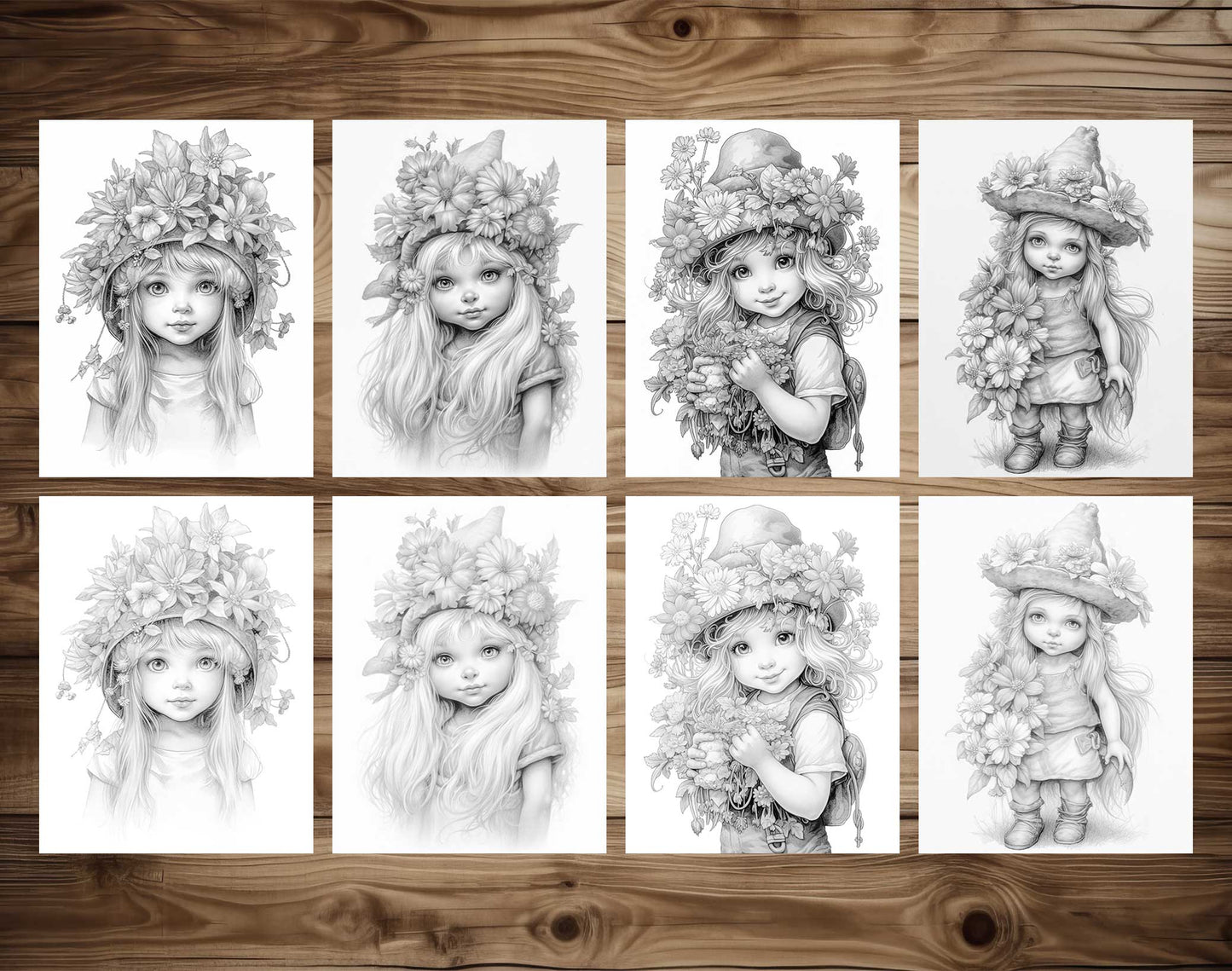 25 Adorable Gnome Girls Grayscale Coloring Pages - Instant Download - Printable PDF Dark/Light