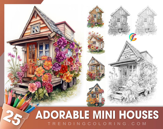 25 Adorable Mini Houses Grayscale Coloring Pages - Instant Download - Printable PDF