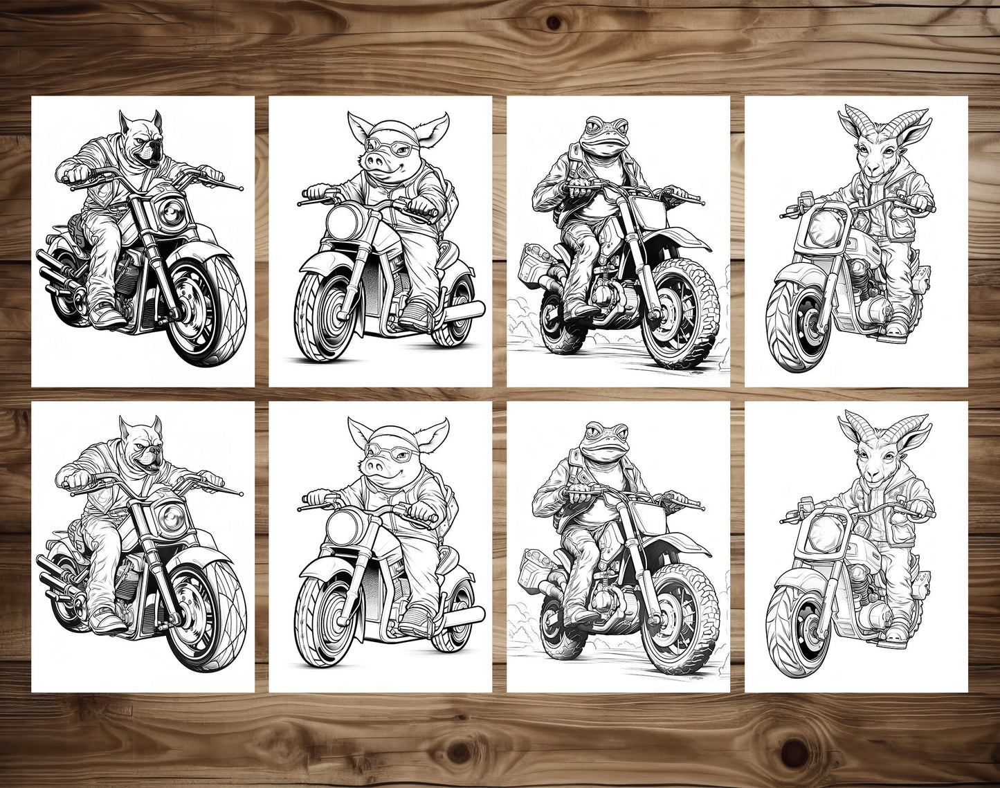 25 Animal Bikers Grayscale Coloring Pages - Instant Download - Printable PDF