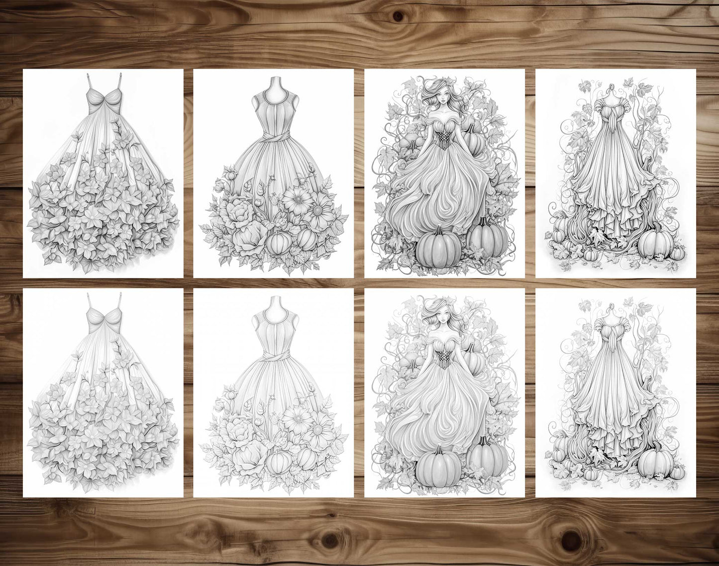 50 Autumn Dress Grayscale Coloring Pages - Instant Download - Printable PDF Dark/Light