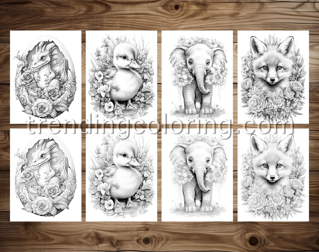 25 Baby Cute Animal Grayscale Coloring Pages - Instant Download - Printable