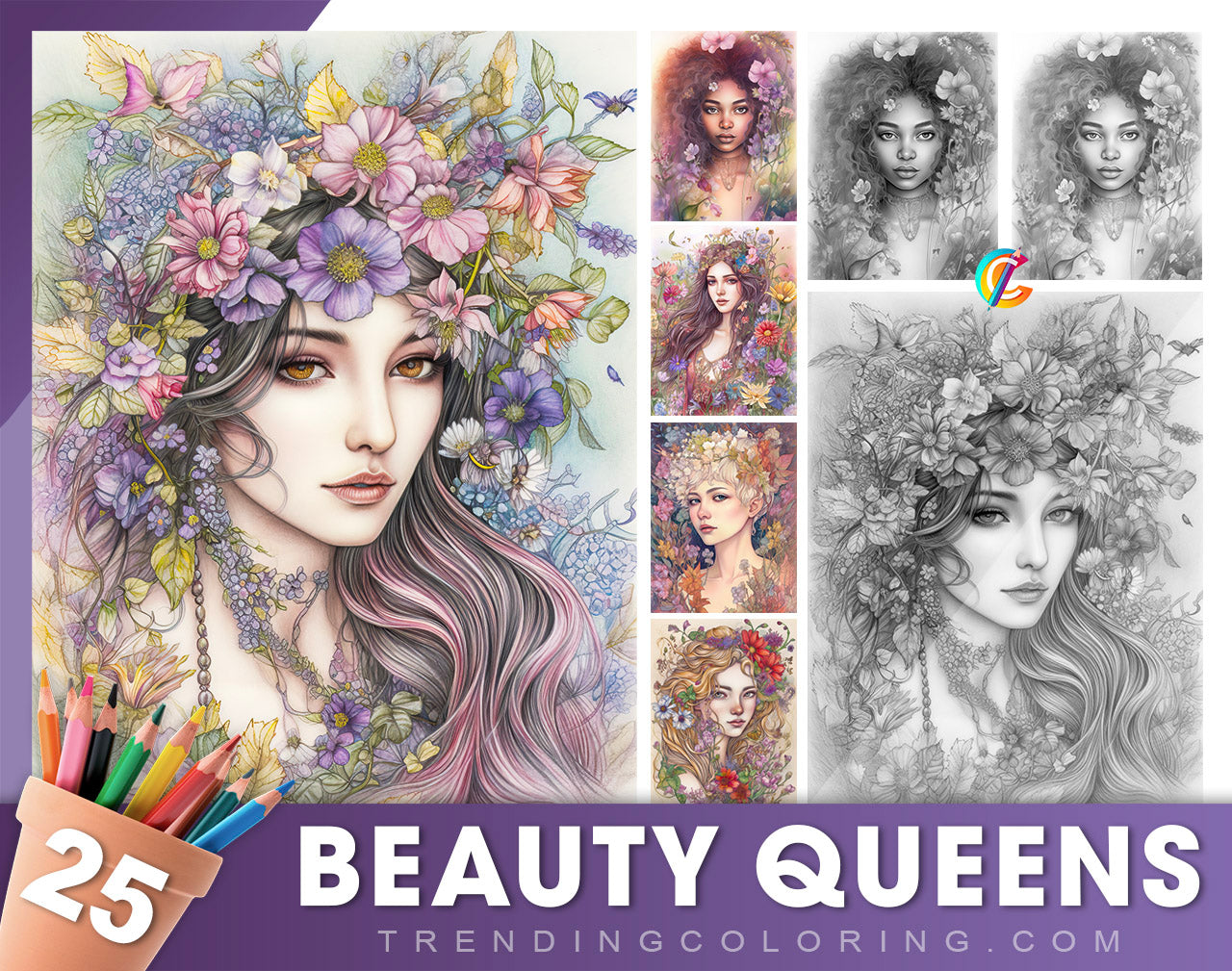 25 Beauty Queen Grayscale Coloring Pages - Instant Download - Printable PDF